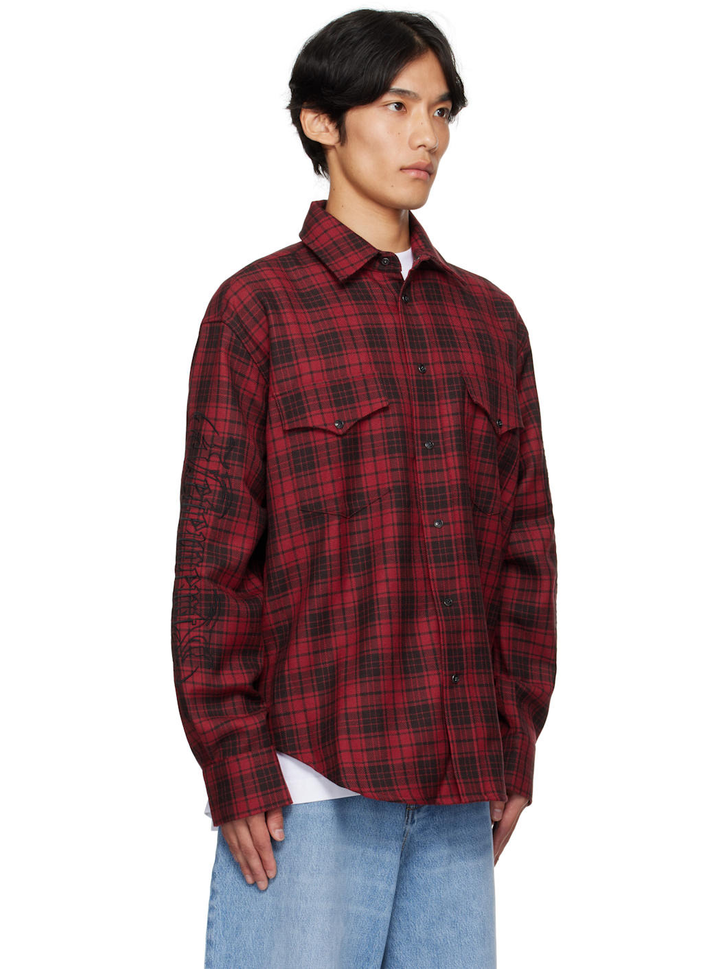 Red & Black Plaid Embroidered Shirt - 2