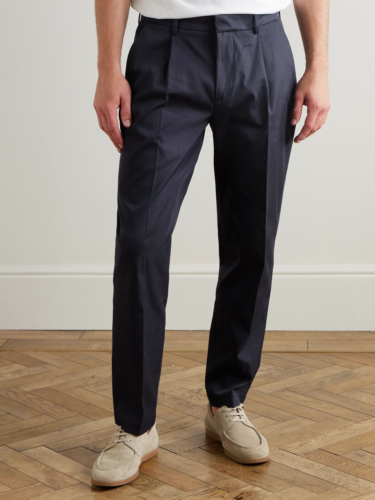 Straight-Leg Pleated Cotton-Gabardine Trousers Navy - 3