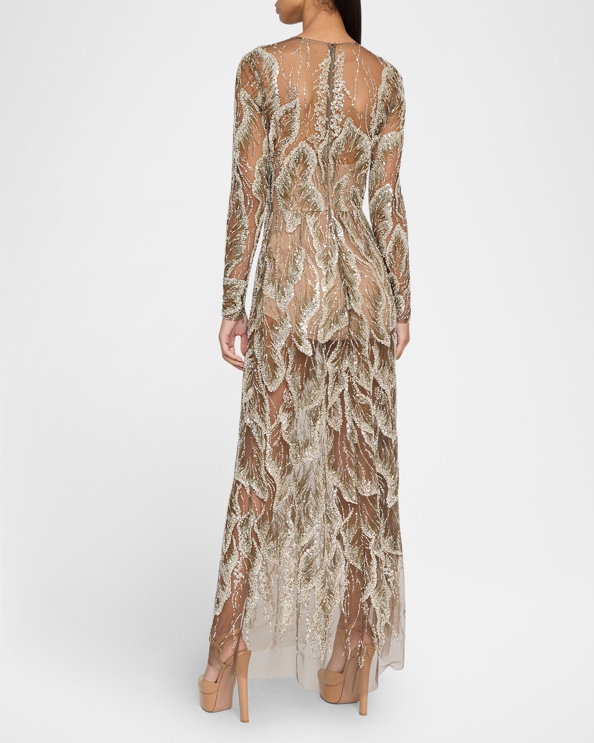 Embellished Sheer Tulle Long-Sleeve Gown - 3
