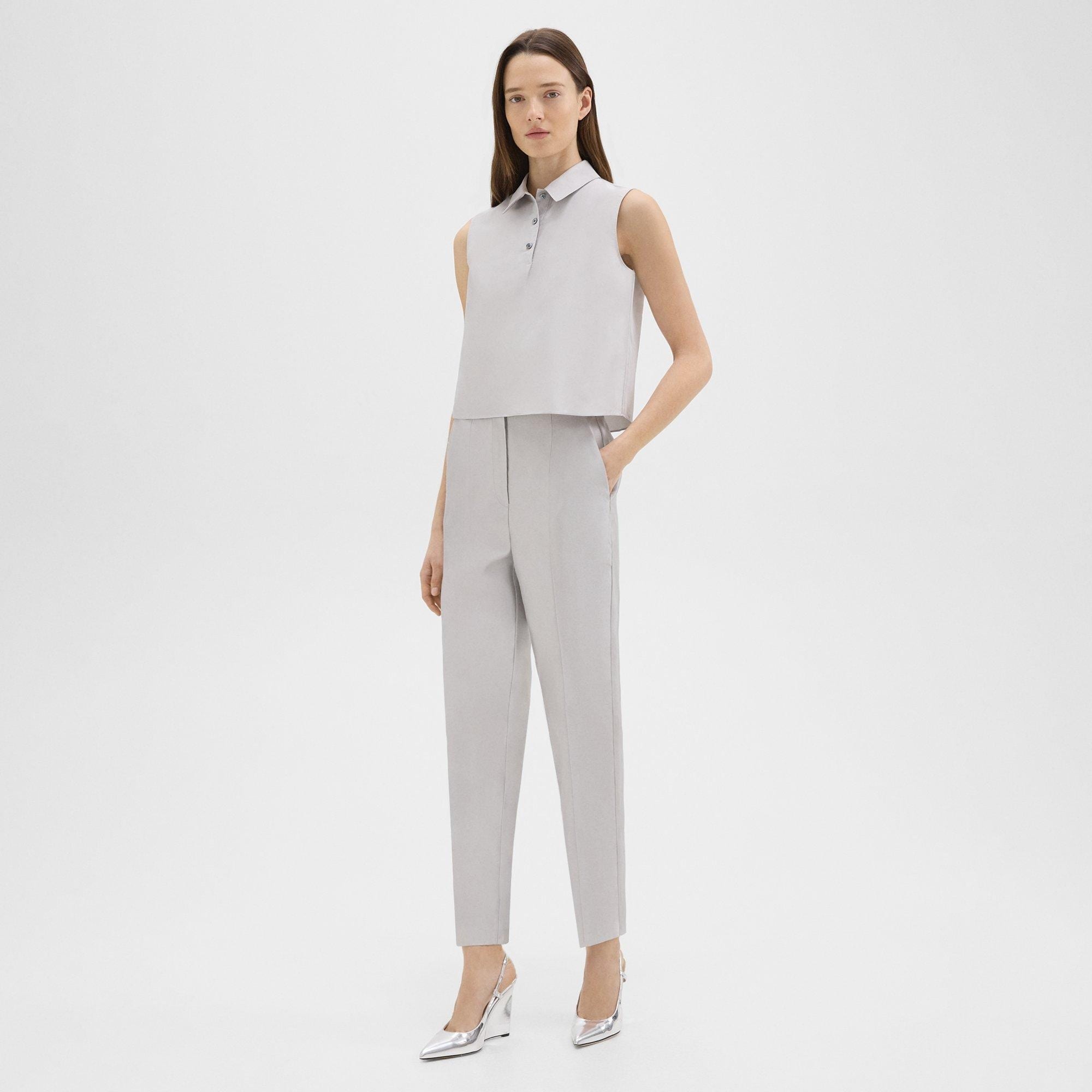 Cropped Sleeveless Polo in Metallic Silk Twill - 6