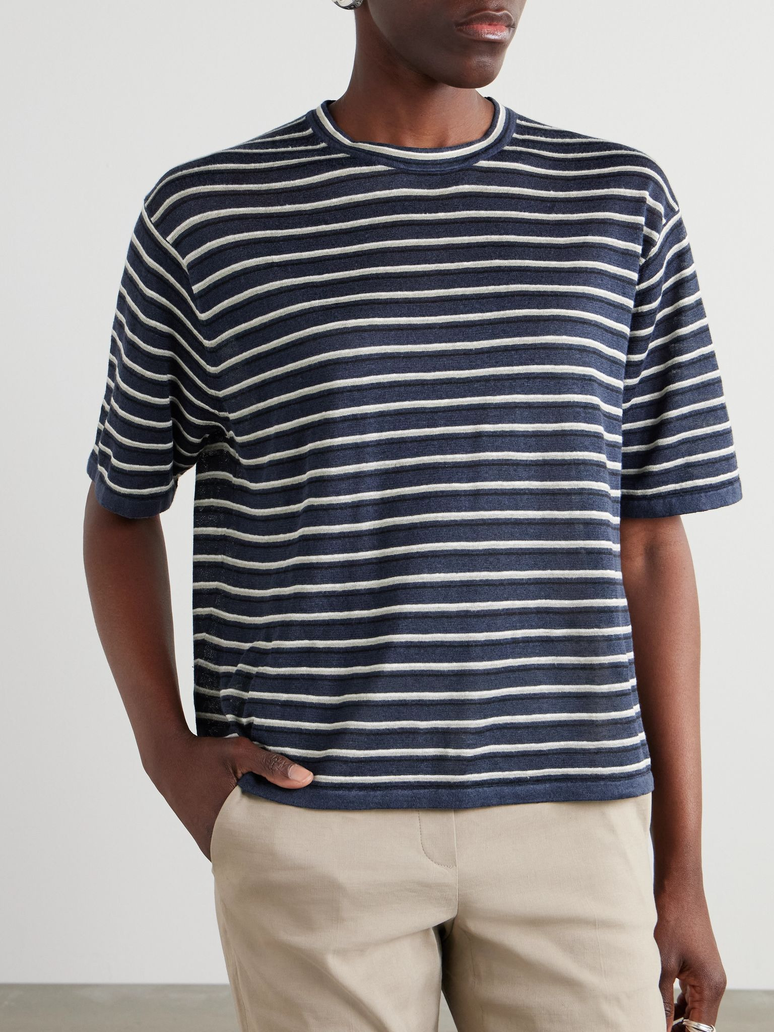 Striped linen-blend T-shirt Navy - 3