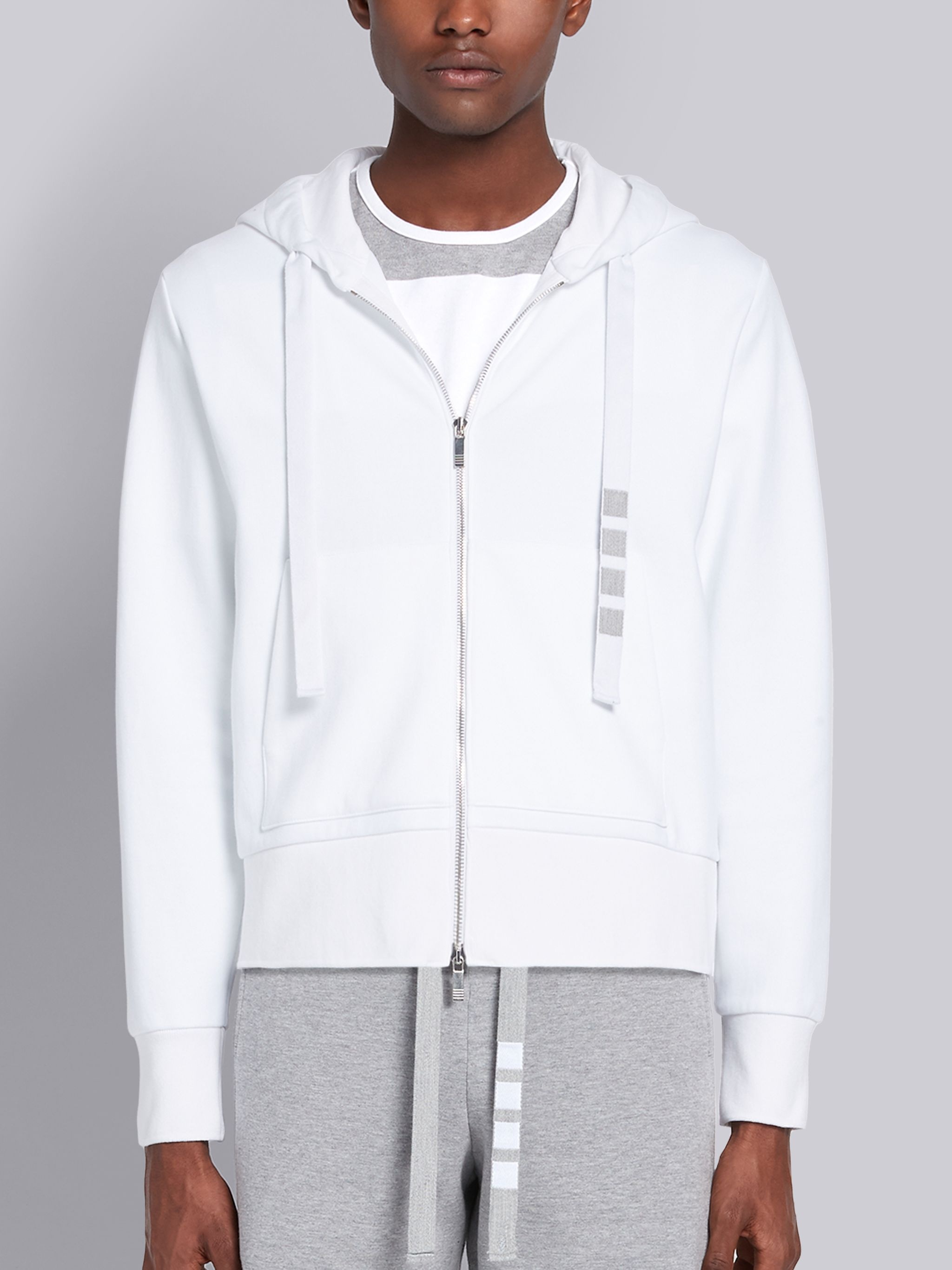 White Double Knit Cotton 4-Bar Zip-up Hoodie - 1