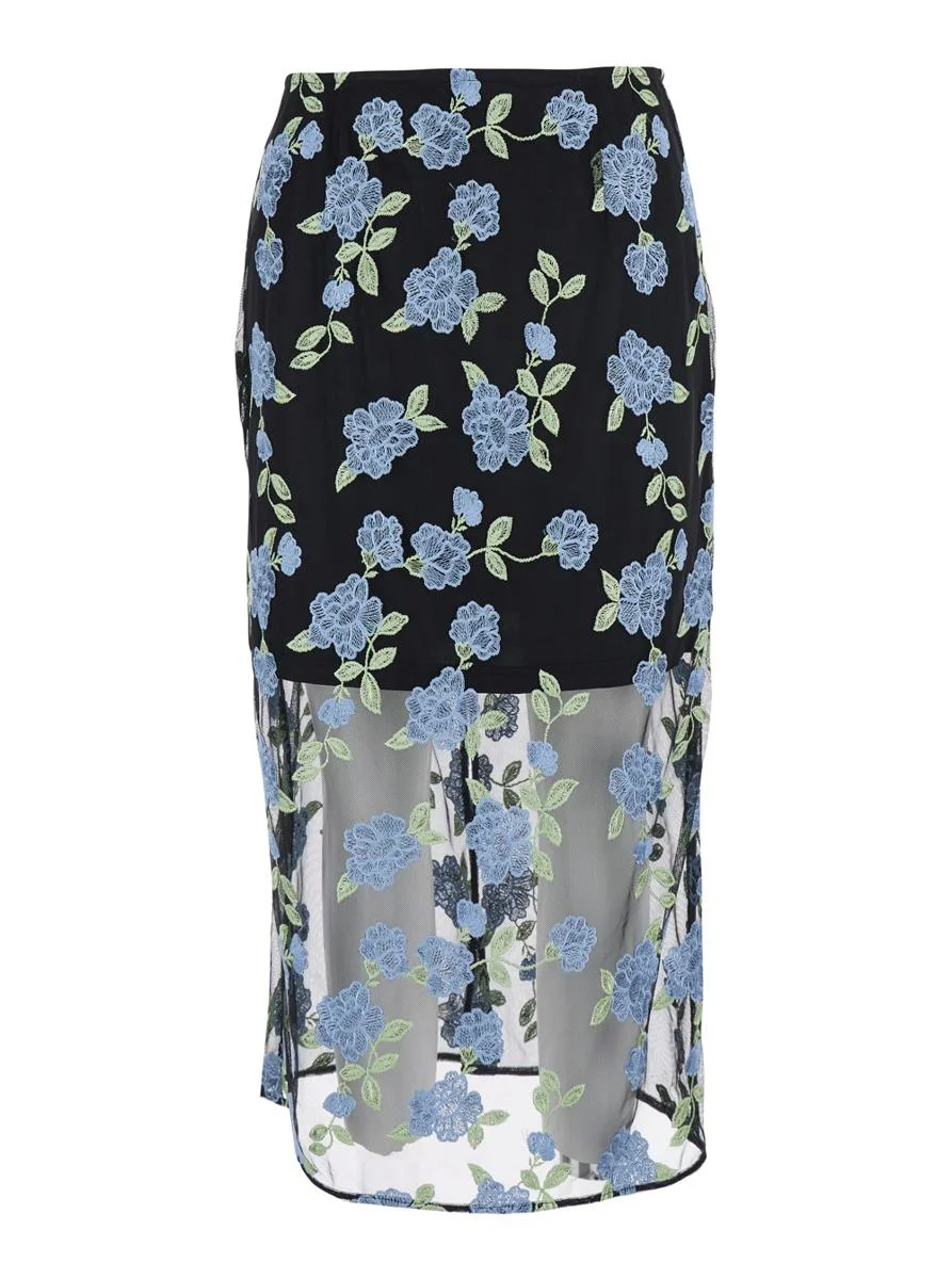 Rotate Birger Christensen Black Pencil Skirt With Mesh Panels And All-Over Floral Motif In Tech Fabr - 1