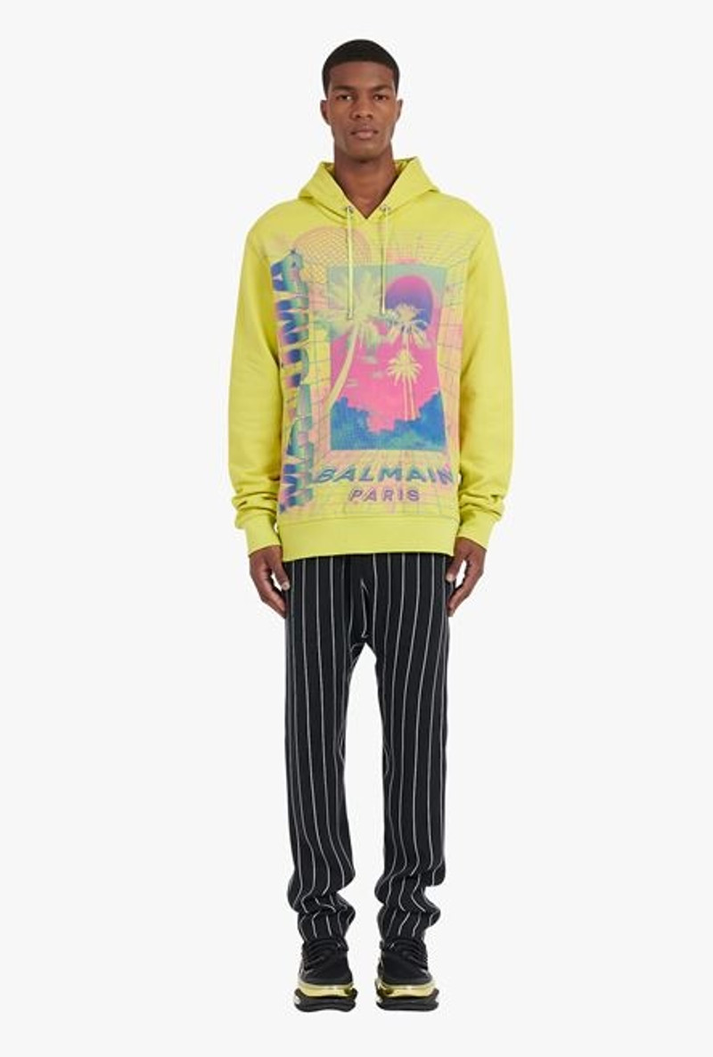 Oversized lime-green cotton sweatshirt with multicolor Balmain logo print 4