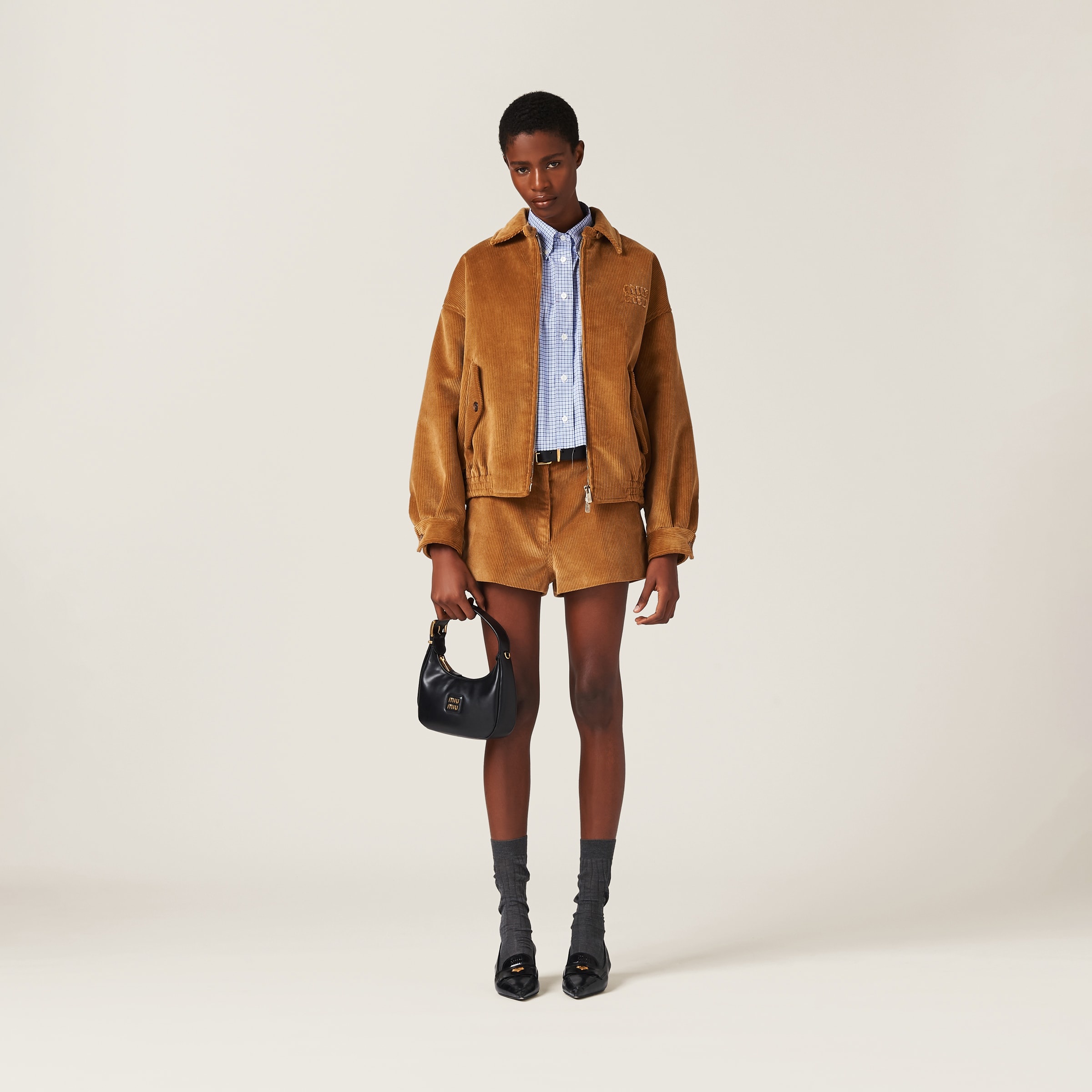 Low-rise cotton corduroy shorts in brown - Miu Miu