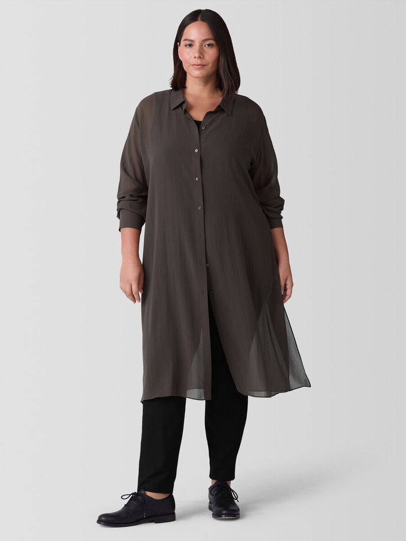 Sheer Silk Georgette Classic Collar Long Shirt 6