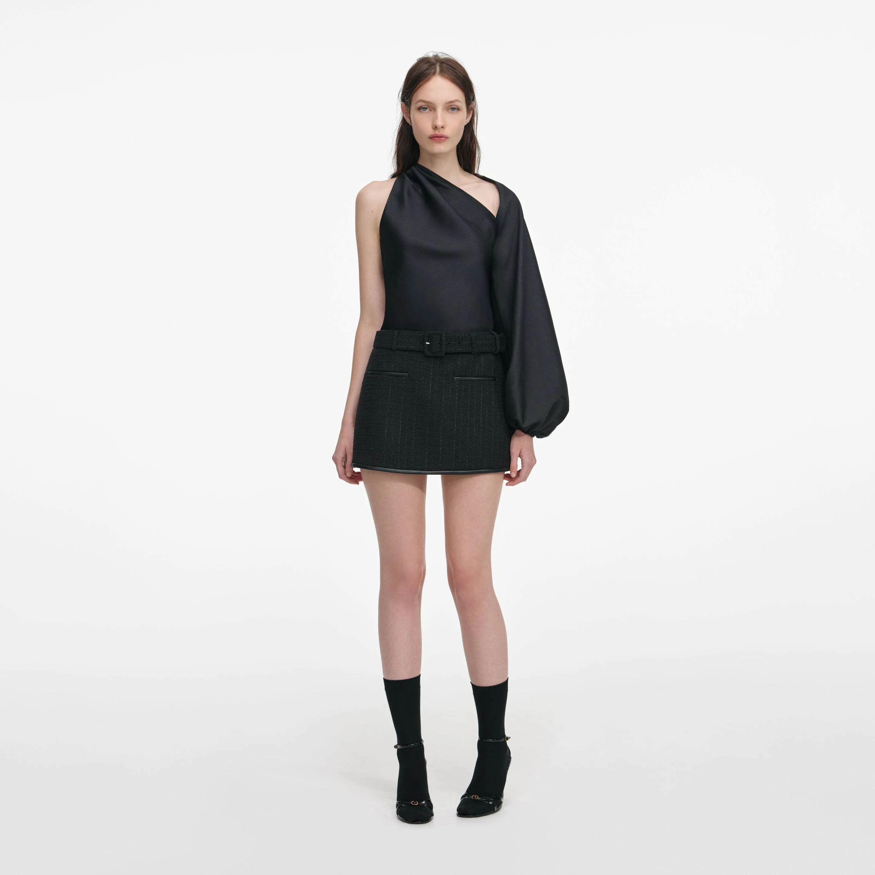 Black Taffeta Draped Sleeve Top - 1