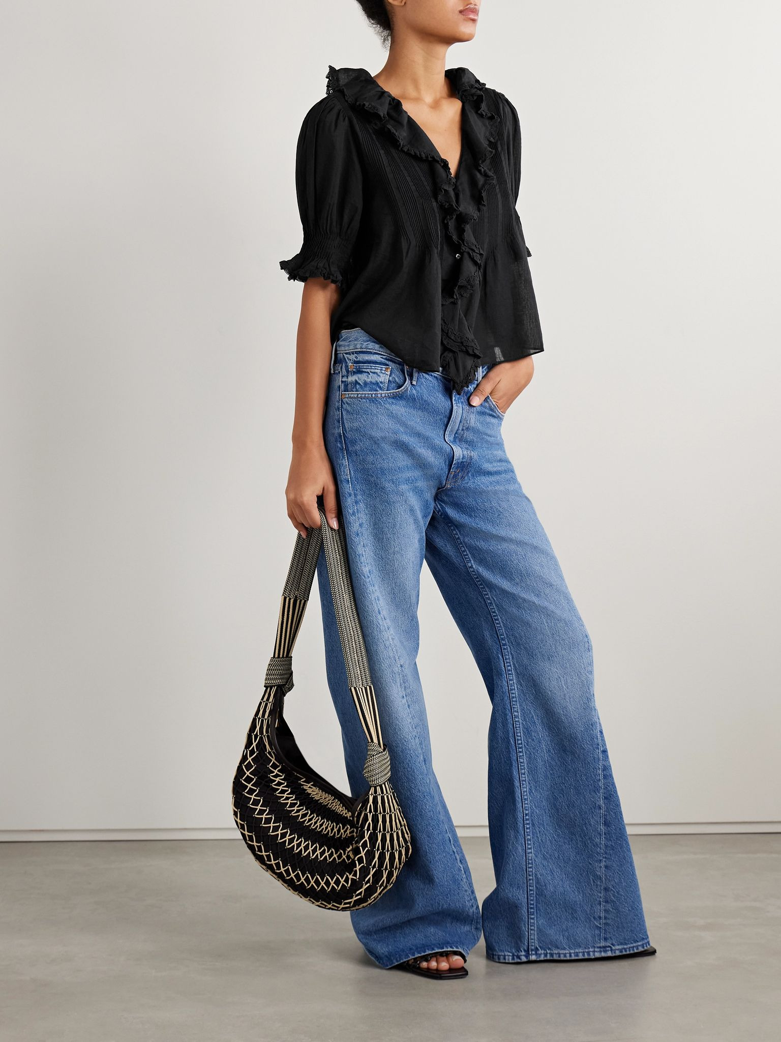 Henri ruffled pintucked organic cotton-voile top Black - 2