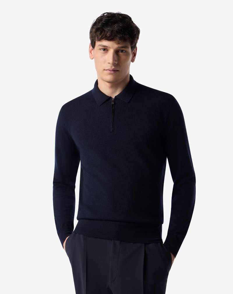 CORNELIANI Navy blue merino wool button-up polo outlook