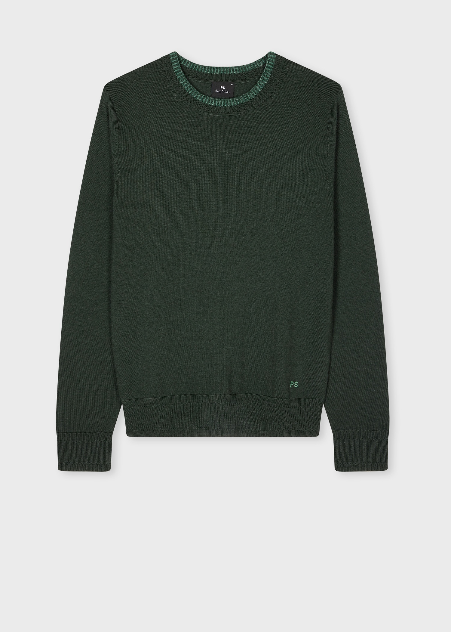 Dark Green Contrast-Collar Merino Wool Sweater - 1