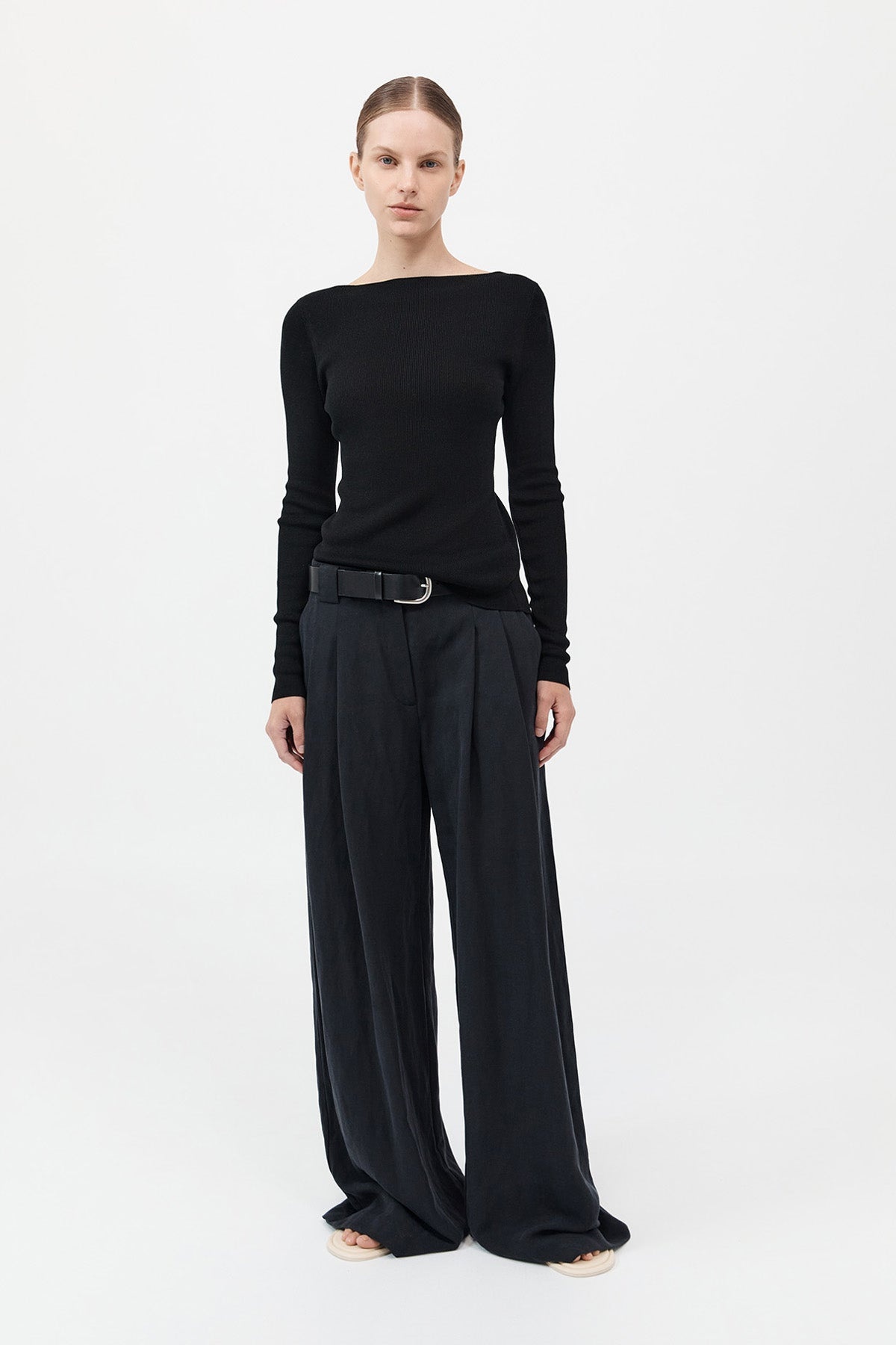 Wide Leg Pleat Pants - Black - 2