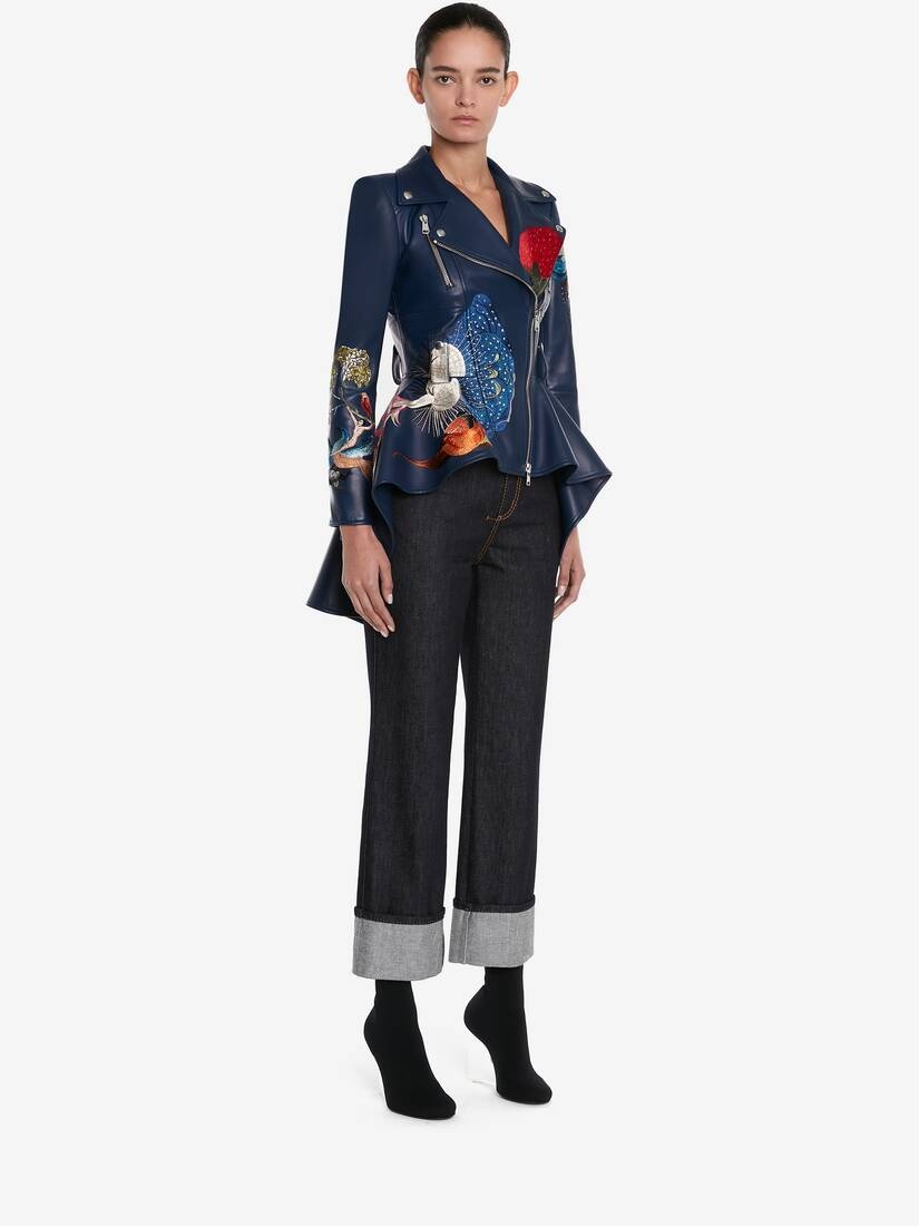 Women's Hieronymus Bosch Leather Peplum Jacket in Midnight Blue - 3