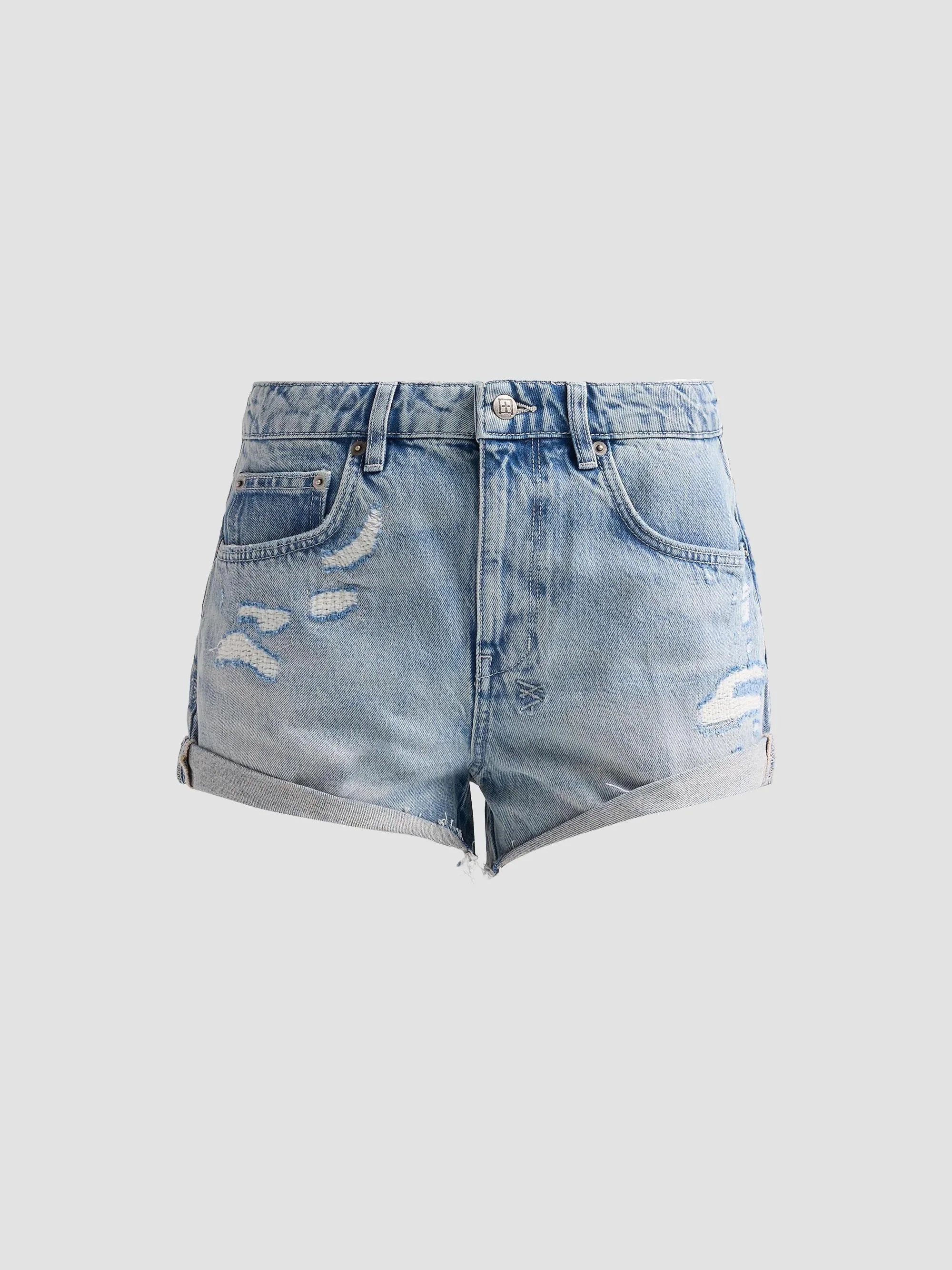 Women's Venice Distressed Denim Low-Rise Slouch Shorts - Denim - 1