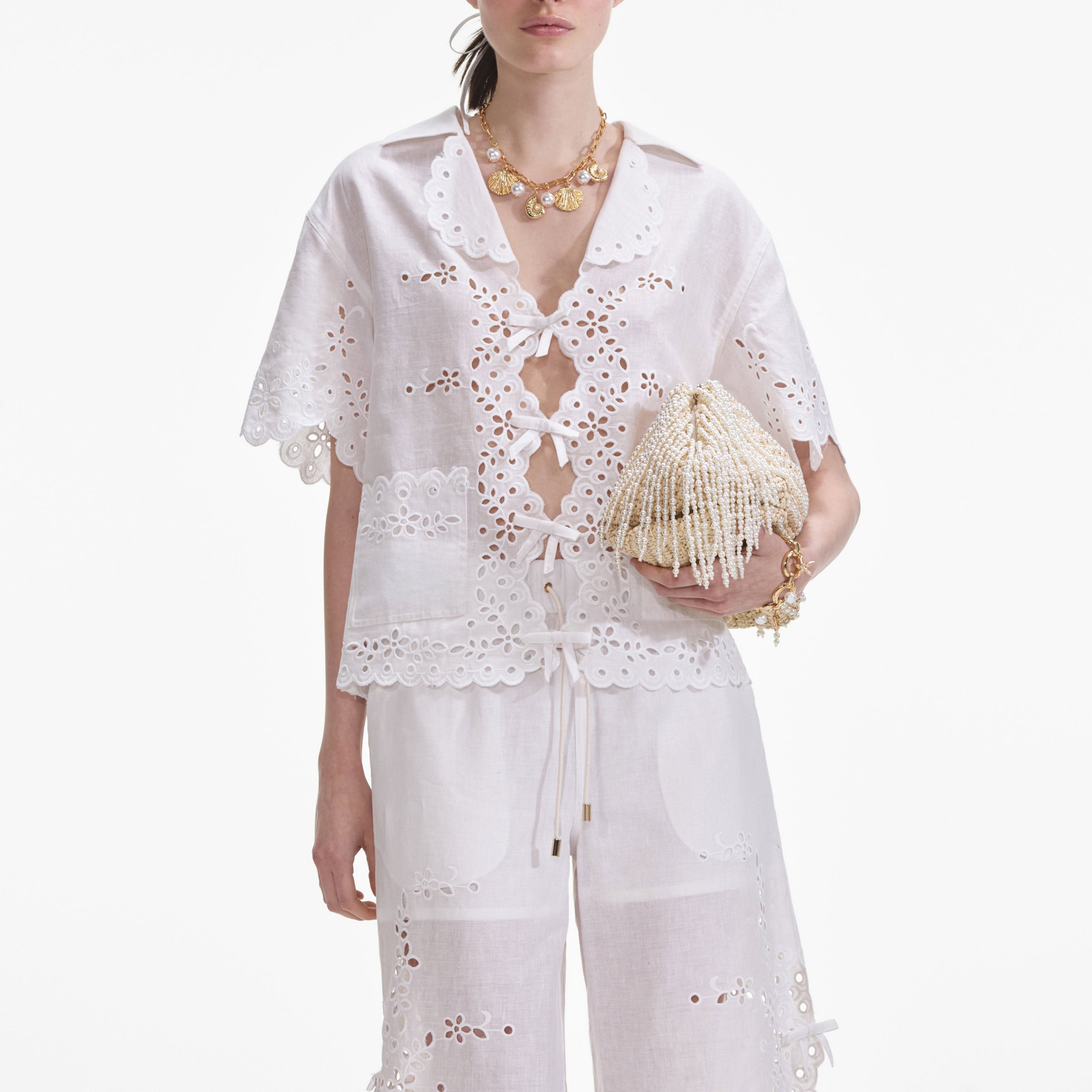 Cream Linen Embroidered Trousers - 4