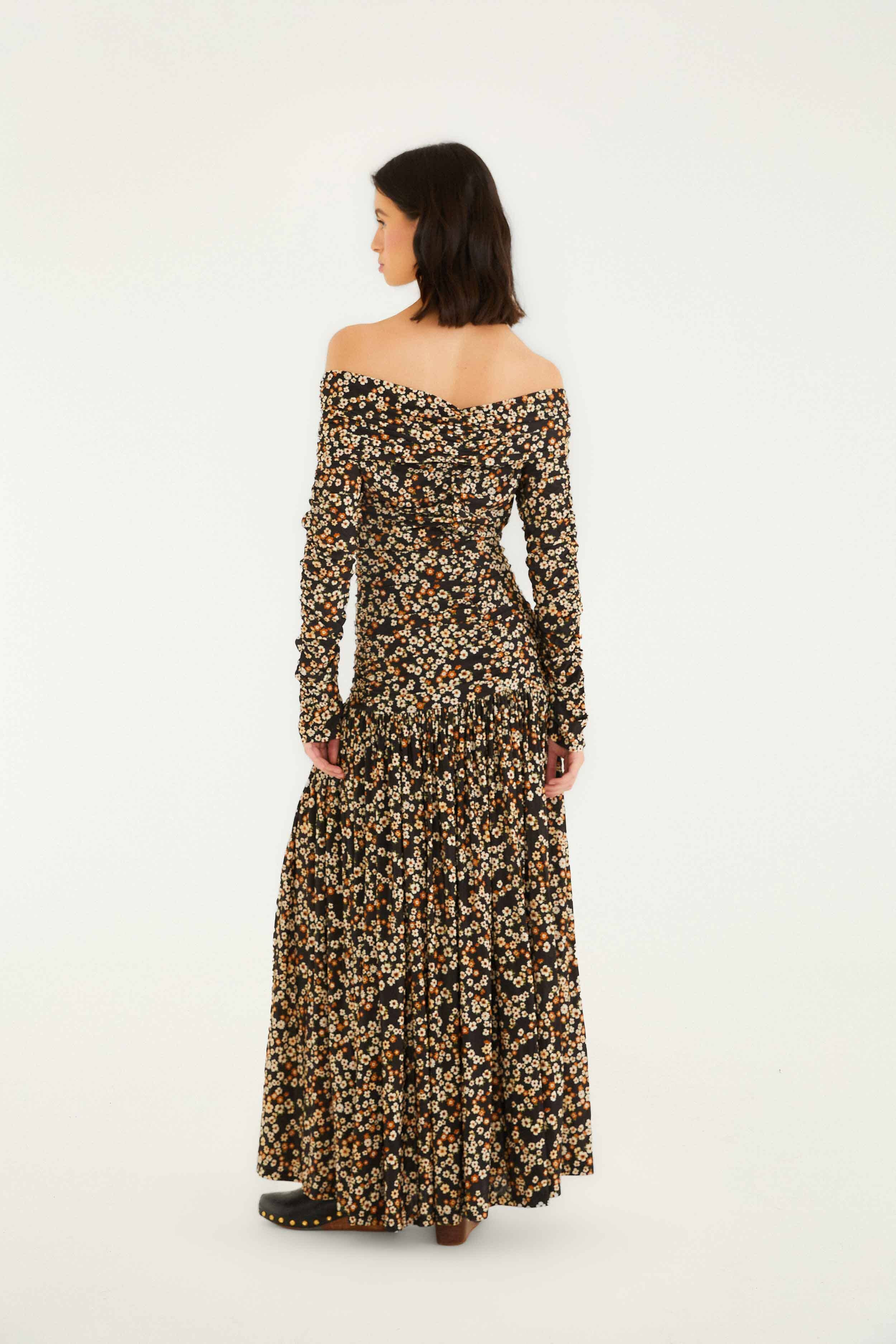 Black Tiny Flowers Long Sleeve Maxi Dress - 3