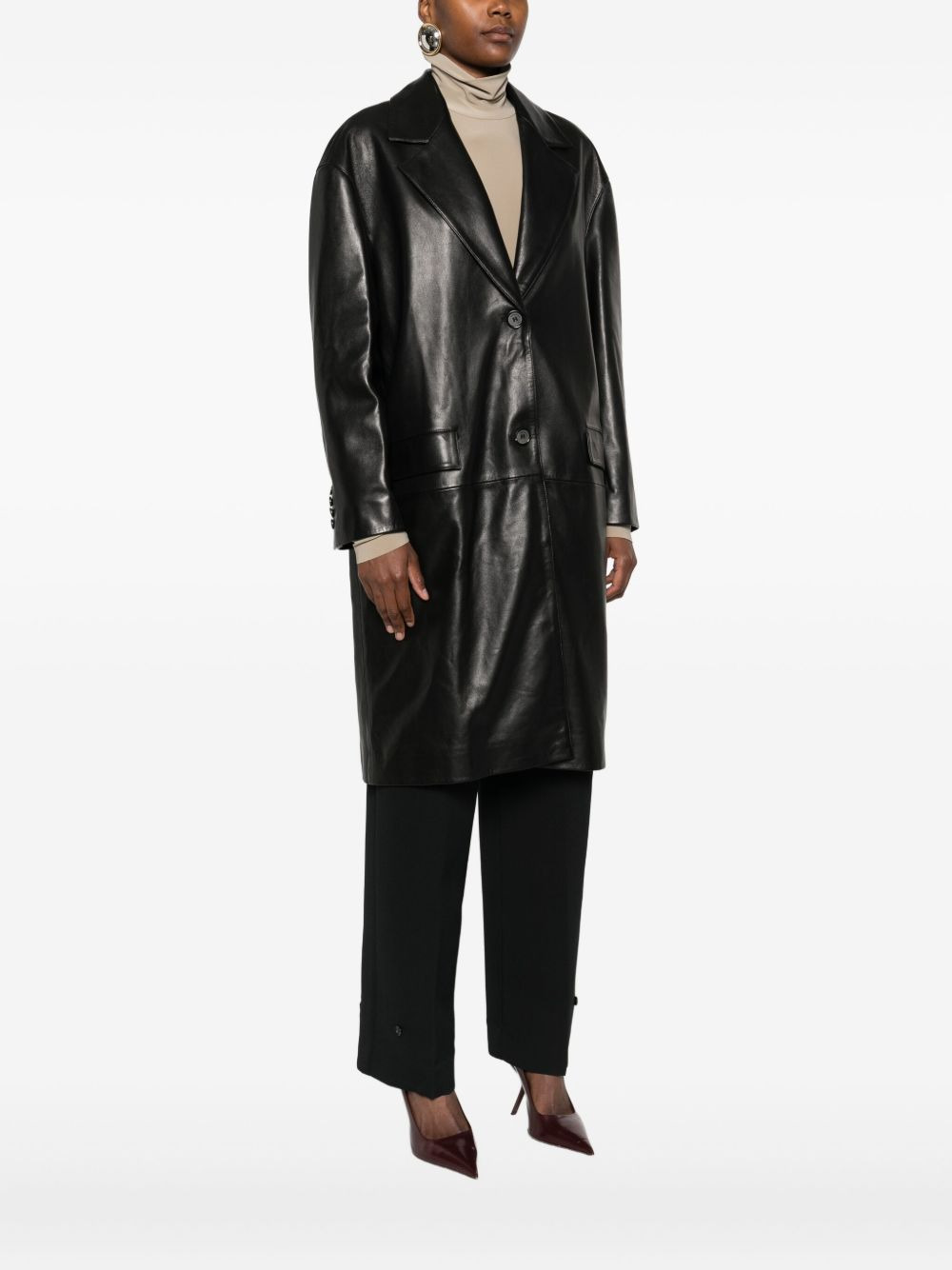 leather button-fastening coat - 3