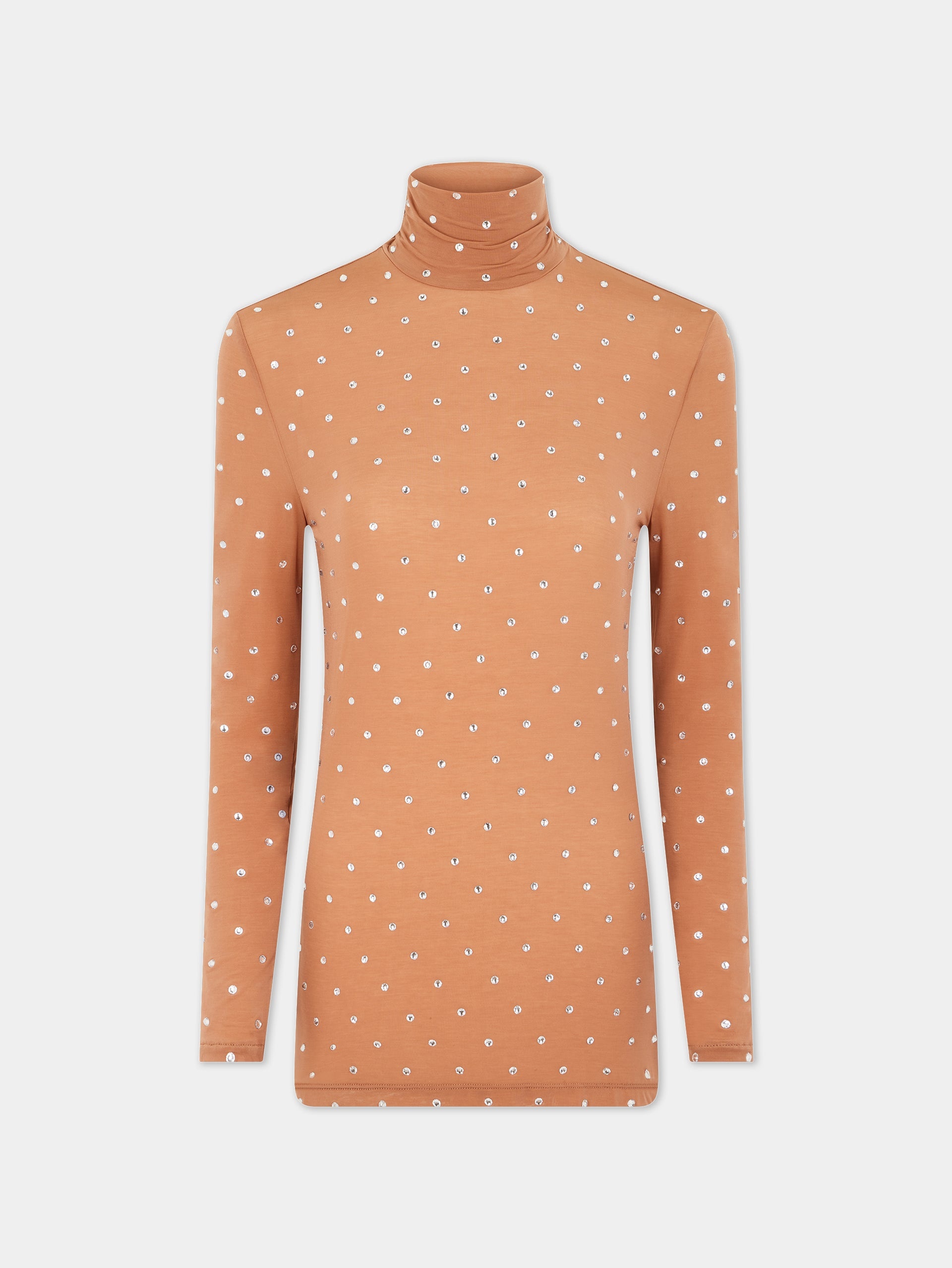 CRYSTALS-EMBELLISHED CARAMEL TURTLENECK TOP - 1