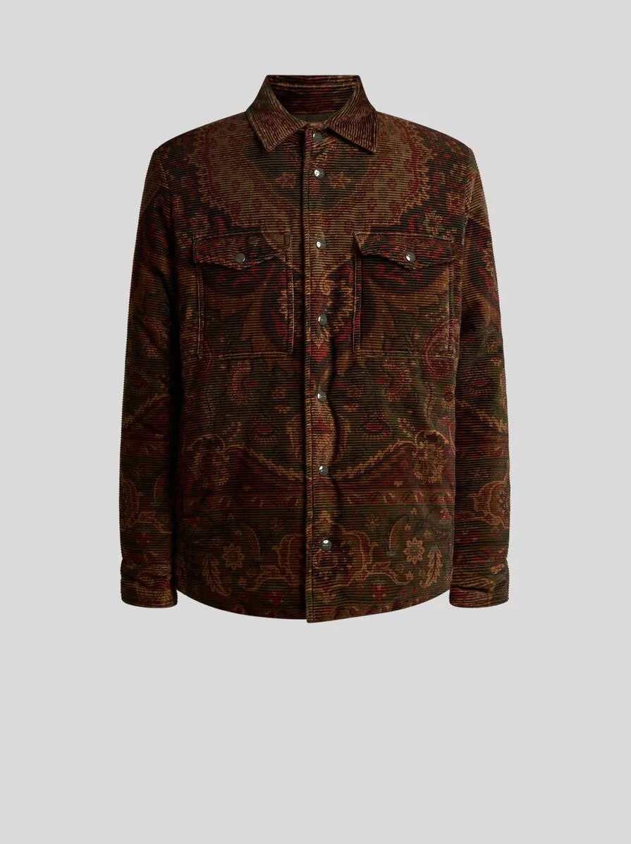 PADDED COTTON CORDUROY SHACKET WITH PLACED FLORAL MEDALLION PRINT - 1