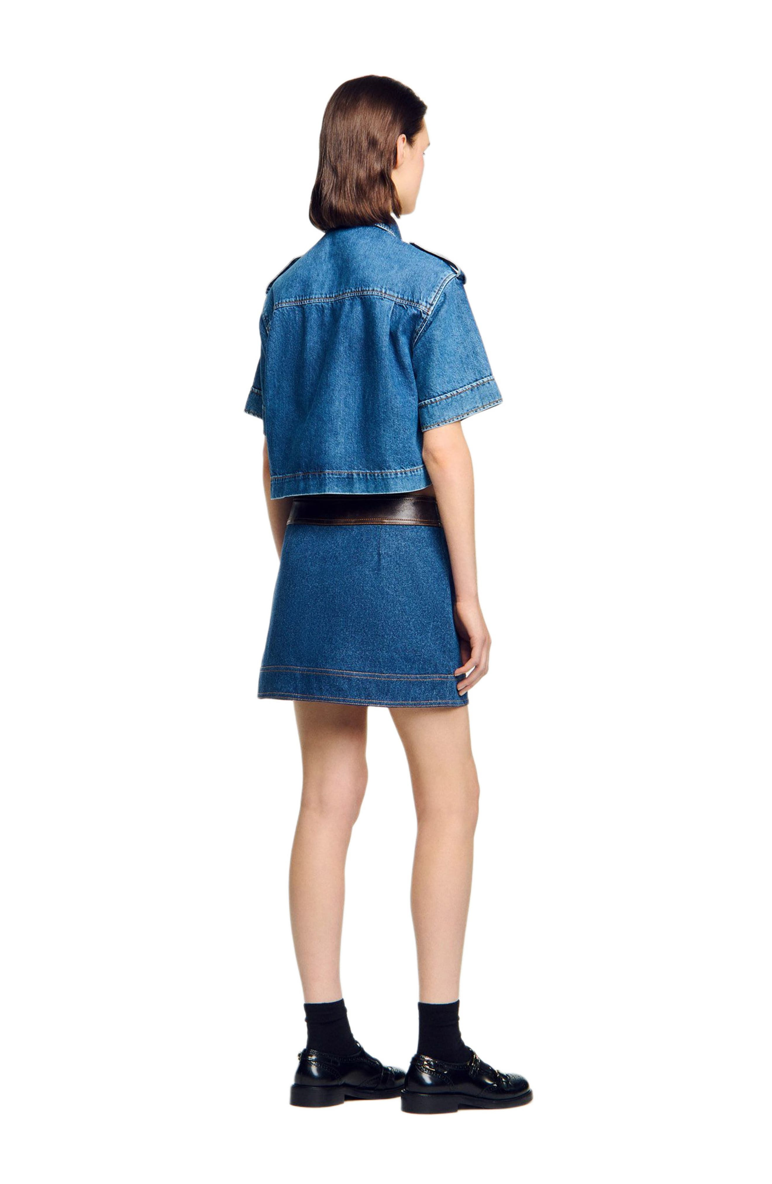 SANDRO Short denim and leather skirt in Dark Blue at Nordstrom - 2