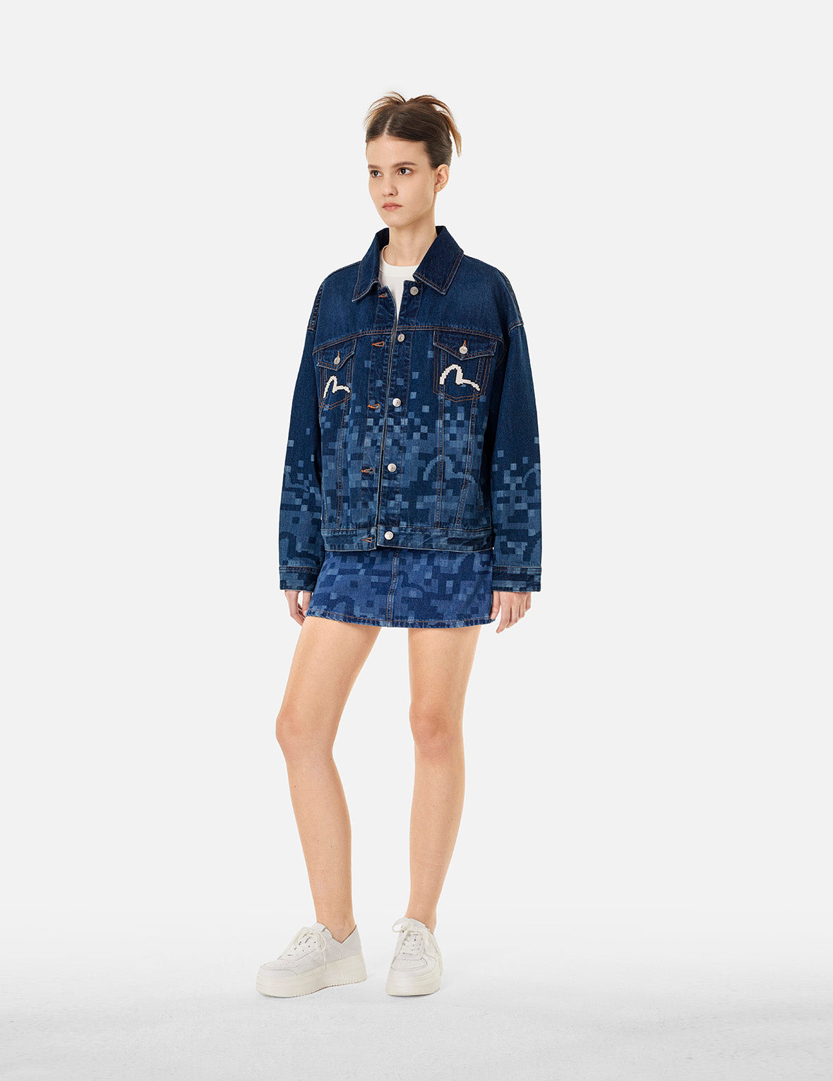 PIXEL SEAGULL EMBROIDERY AND PRINT OVERSIZED DENIM JACKET - 3