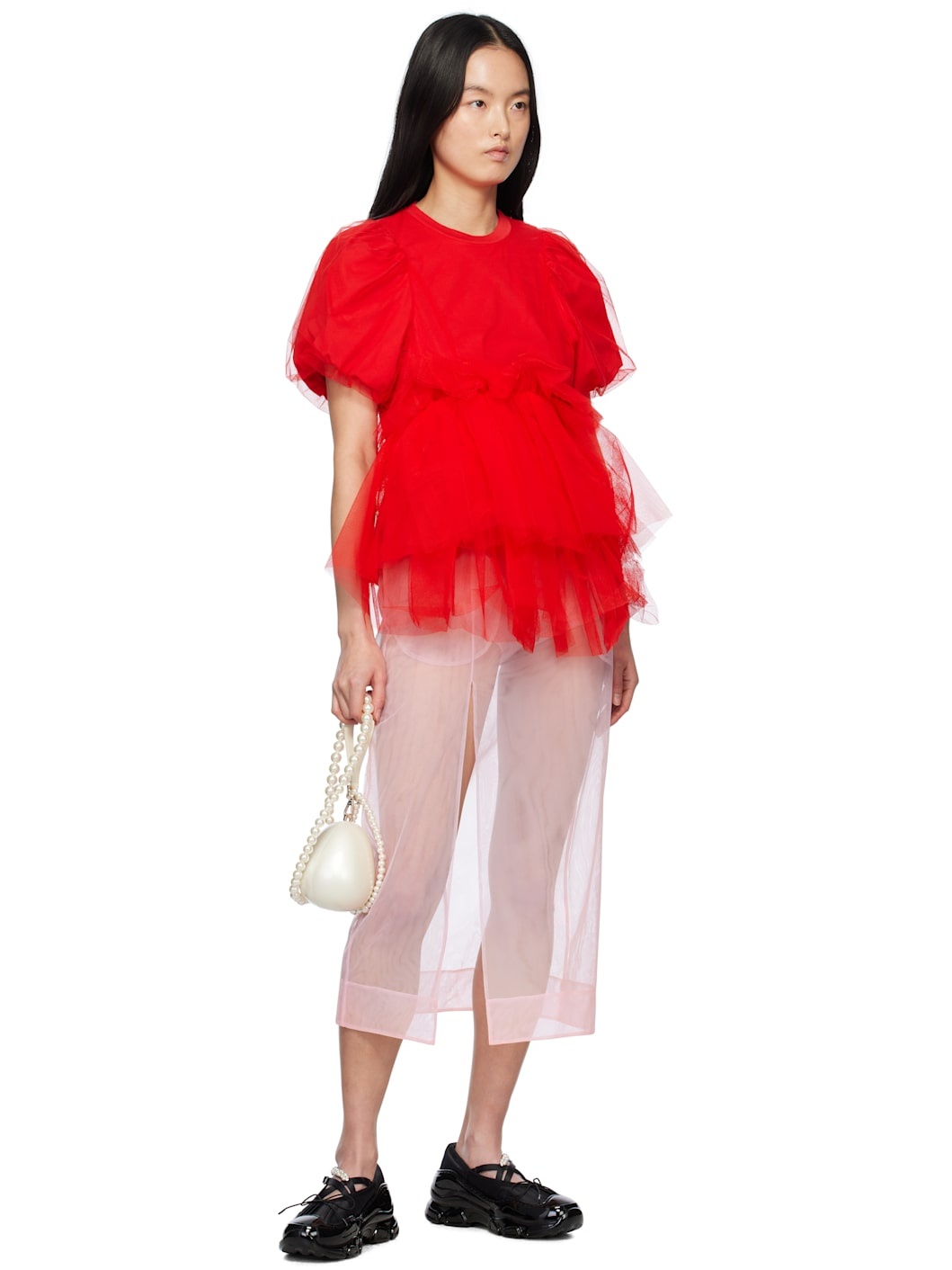 Red Tulle Overlay Puff Sleeve Tutu Hem T-shirt - 4
