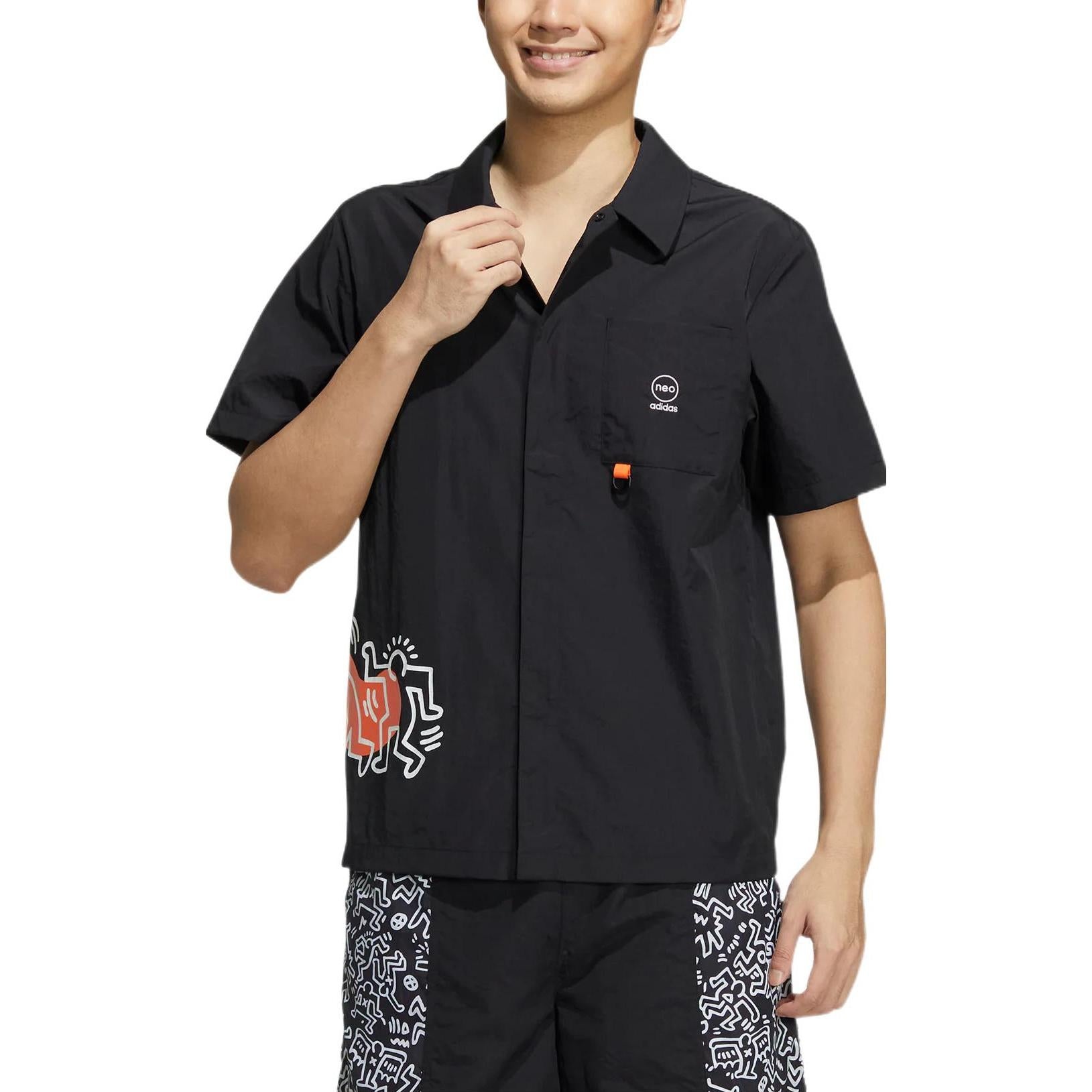 adidas x Keith Haring Crossover Cartoon Pattern Printing Short Sleeve Shirt Unisex Black HD7260 - 2