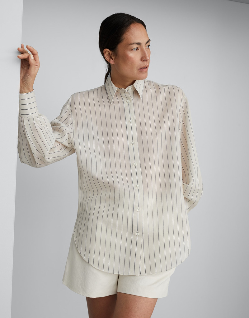 Cotton and silk sparkling stripe poplin shirt with monili - 1