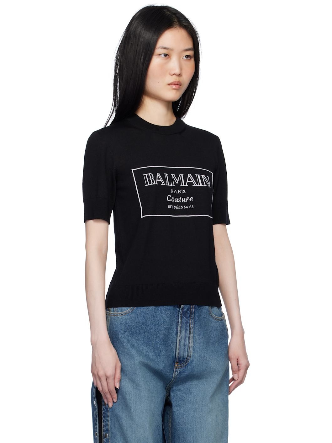 Black 'Balmain Couture' Two-Tone Knit T-shirt - 2