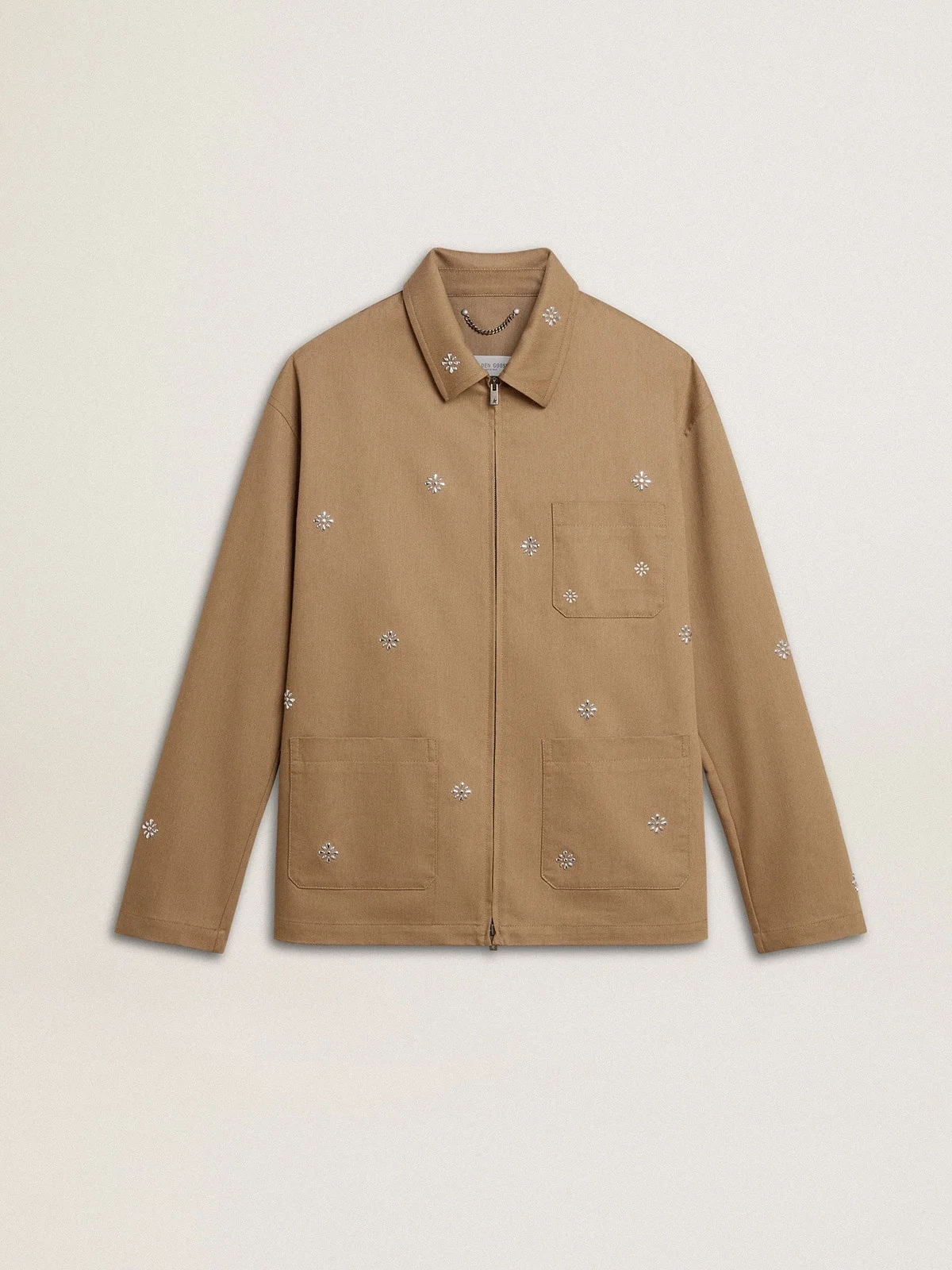 Men's beige jacket with floral embroidery and full zip - 1