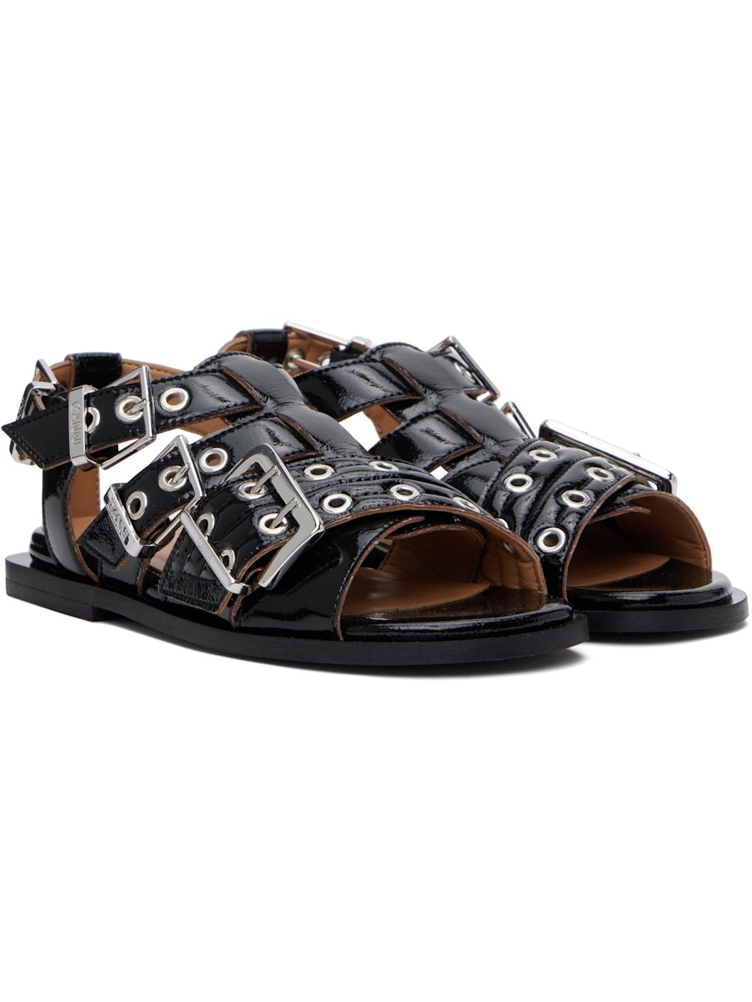 Black Feminine Buckle Strap Naplack Flat Sandals - 4