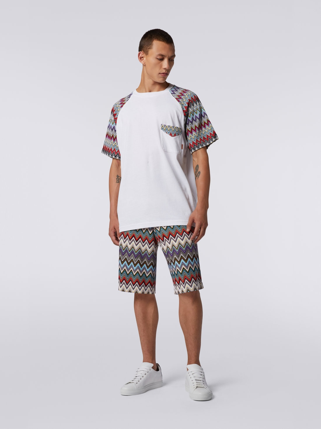 Cotton crew-neck T-shirt with knitted inserts - 2