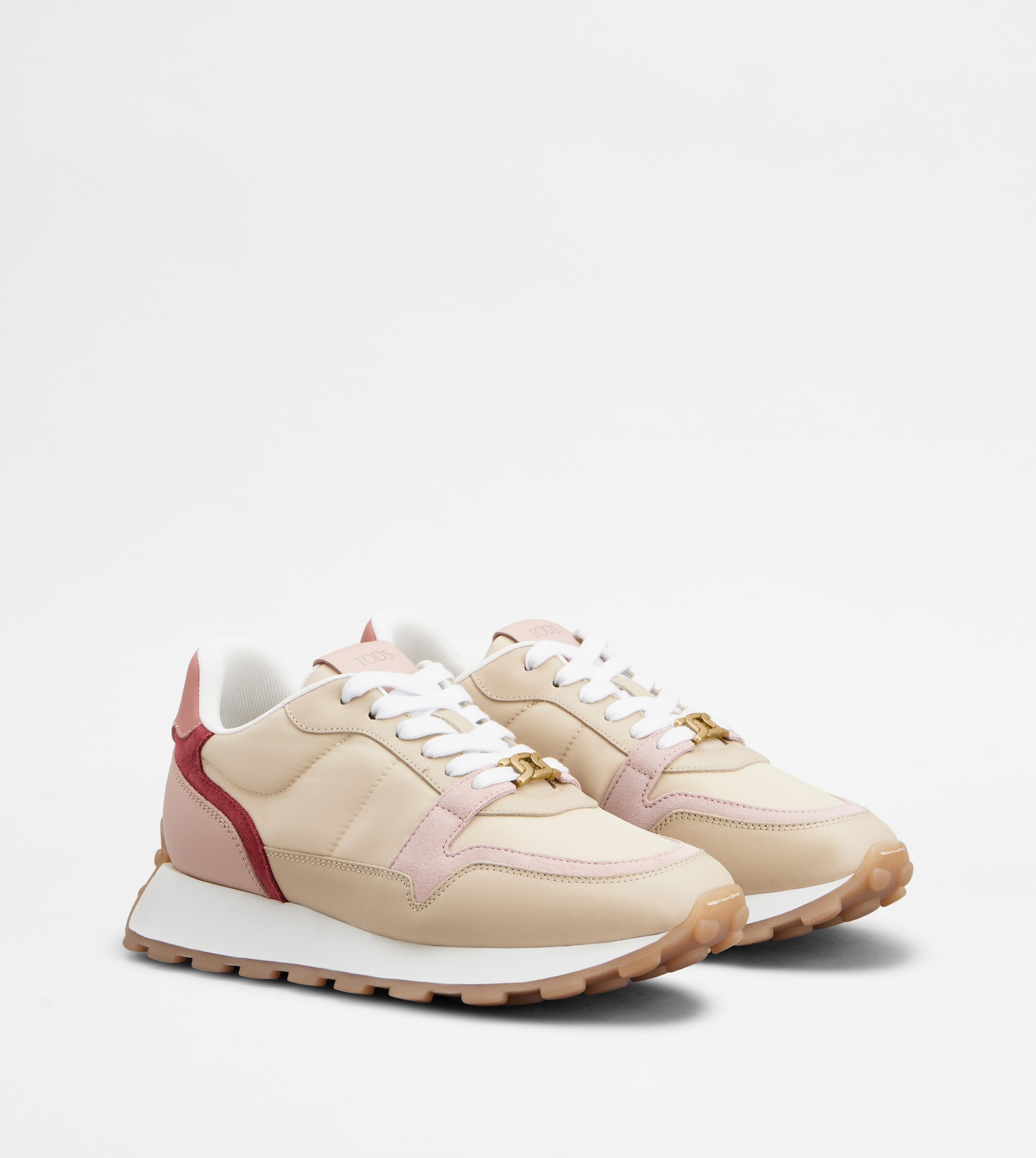 SNEAKERS IN LEATHER AND FABRIC - BEIGE, PINK, RED - 3