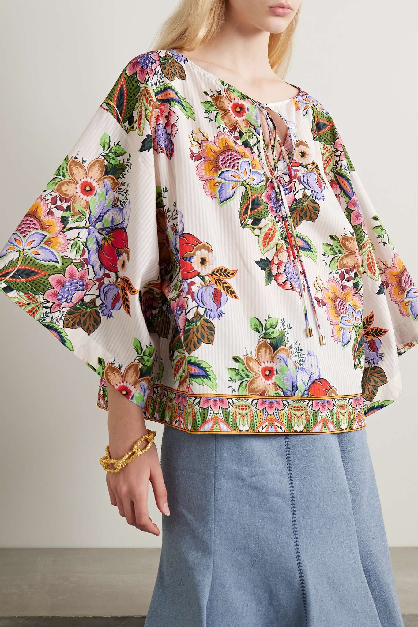 Tie-detailed floral-print cotton and silk-blend voile blouse - 3