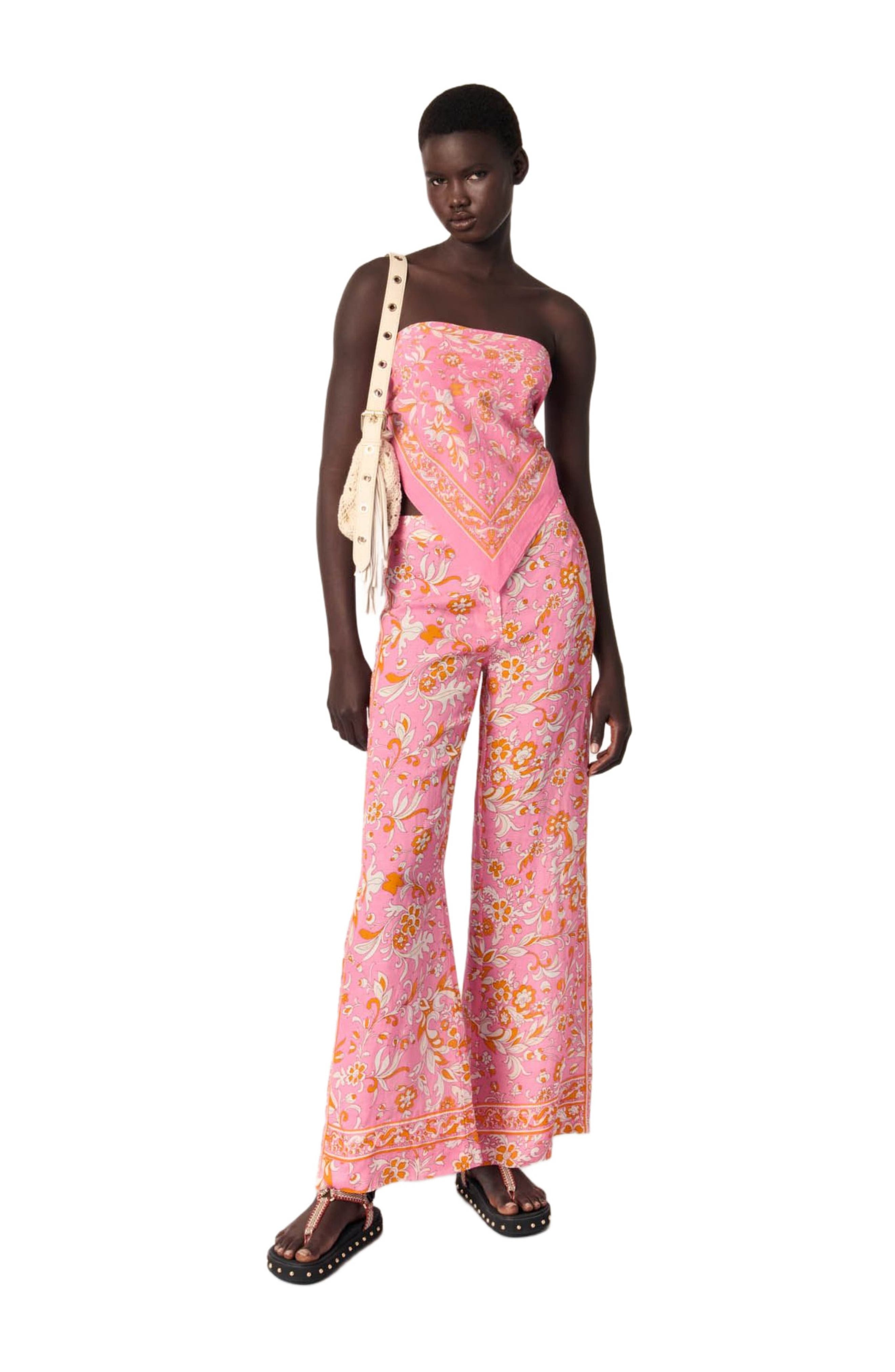 maje Patterned linen trousers in Orange Pink Flowers Print at Nordstrom - 2