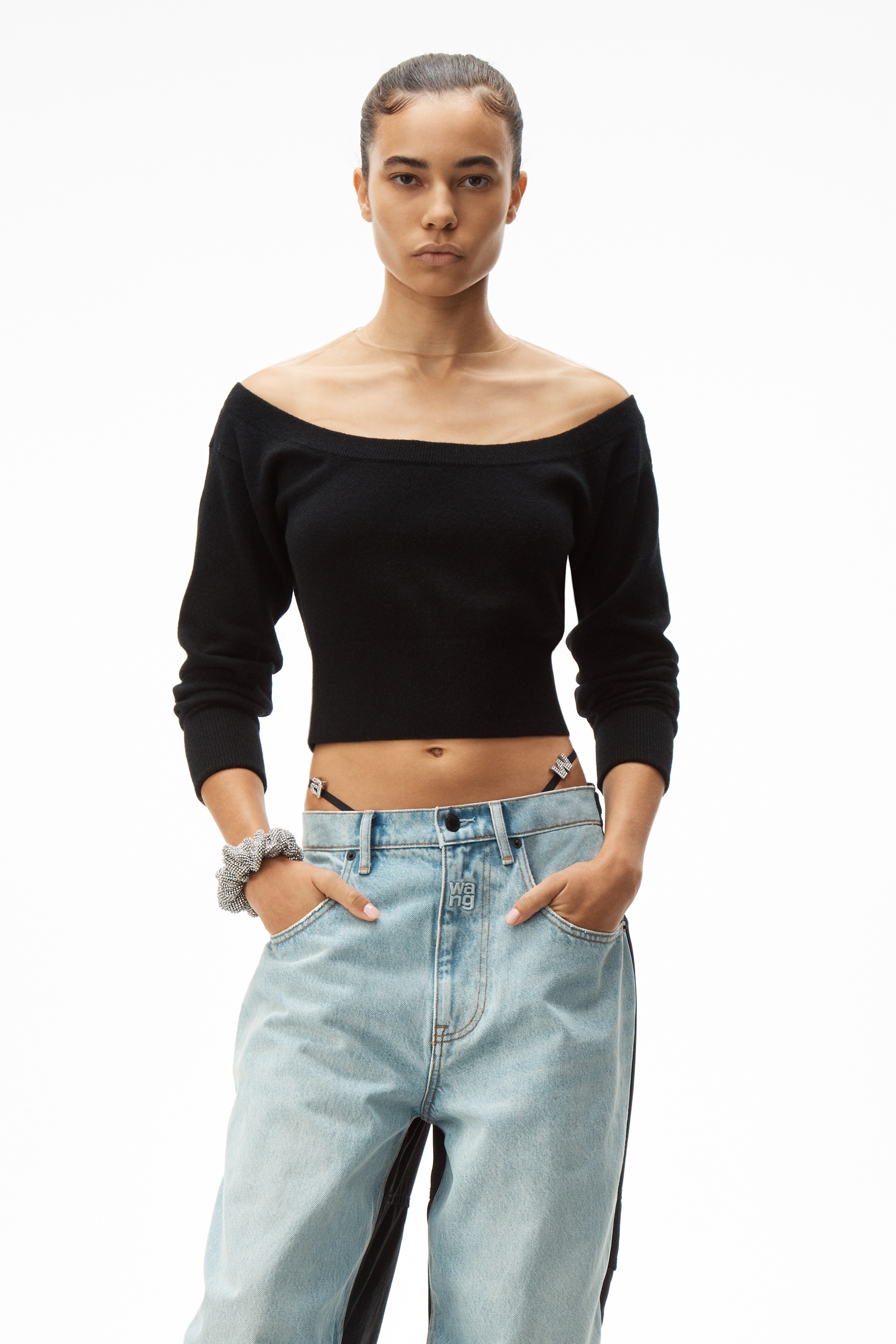 CROPPED SHEER YOKE PULLOVER - 2