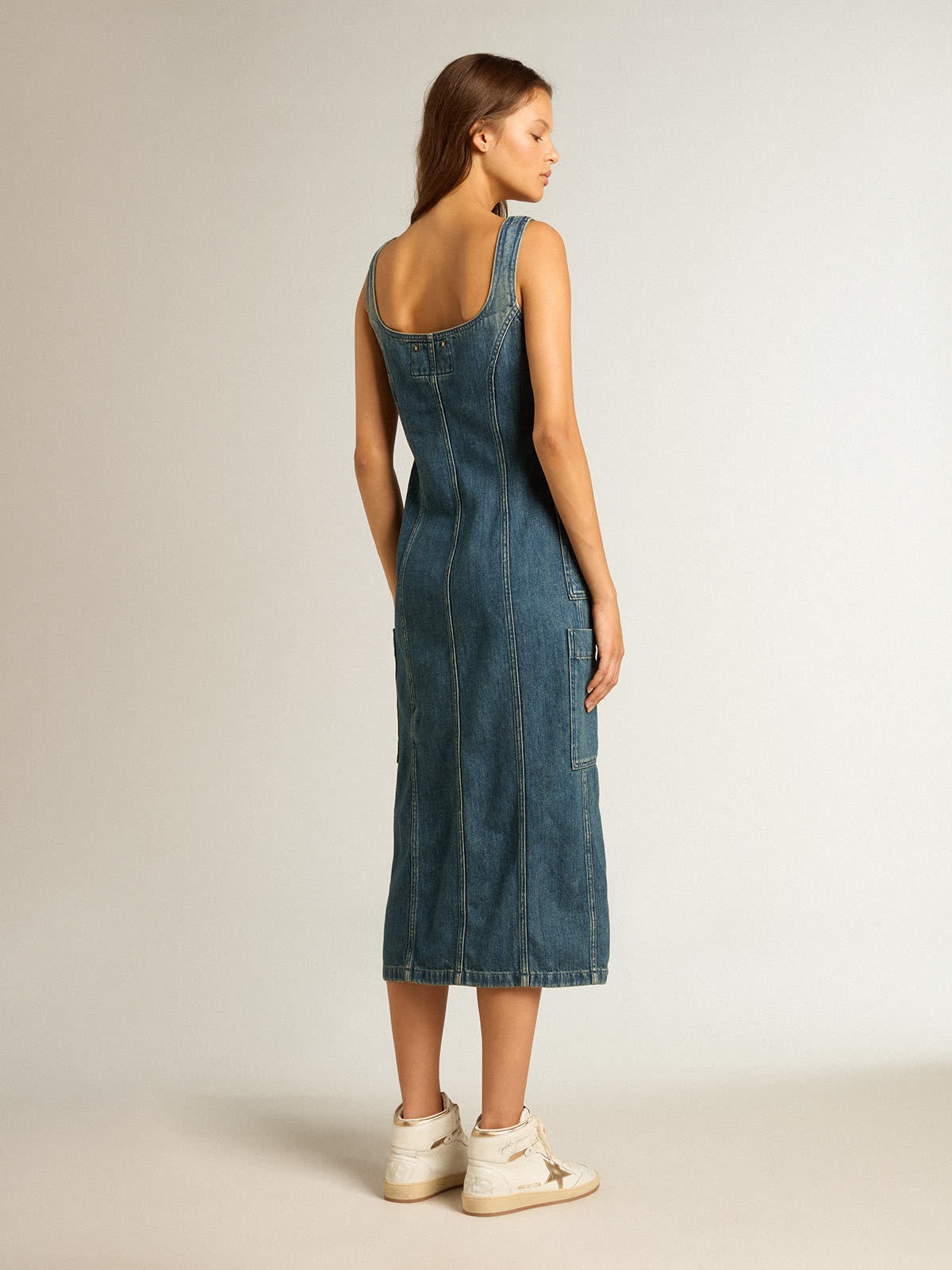 Blue denim sleeveless dress with button fastening - 3