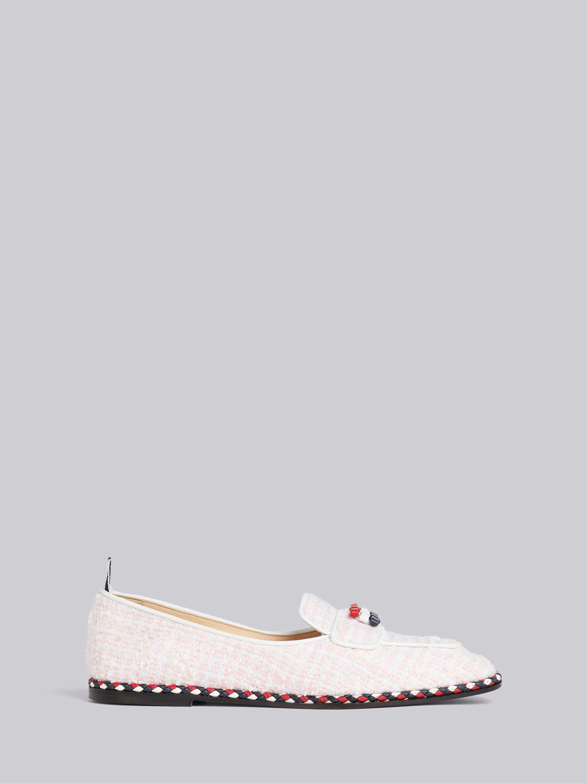 Light Pink Tweed Stripe Cord Trimmed Leather Sole Bow Detail Soft Loafer - 1