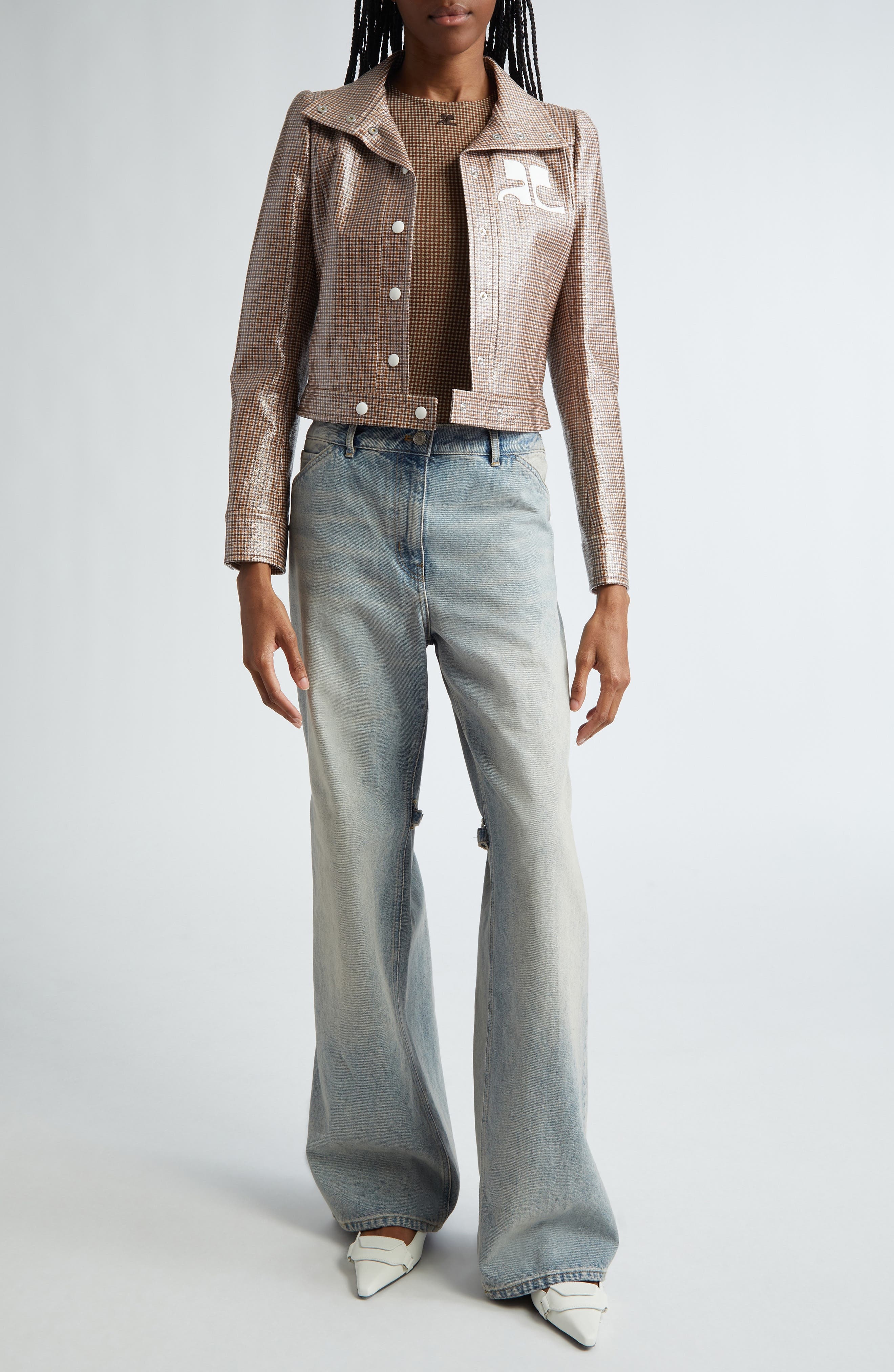 Courrèges Reedition Check Coated Jacket in Brown /White at Nordstrom - 2