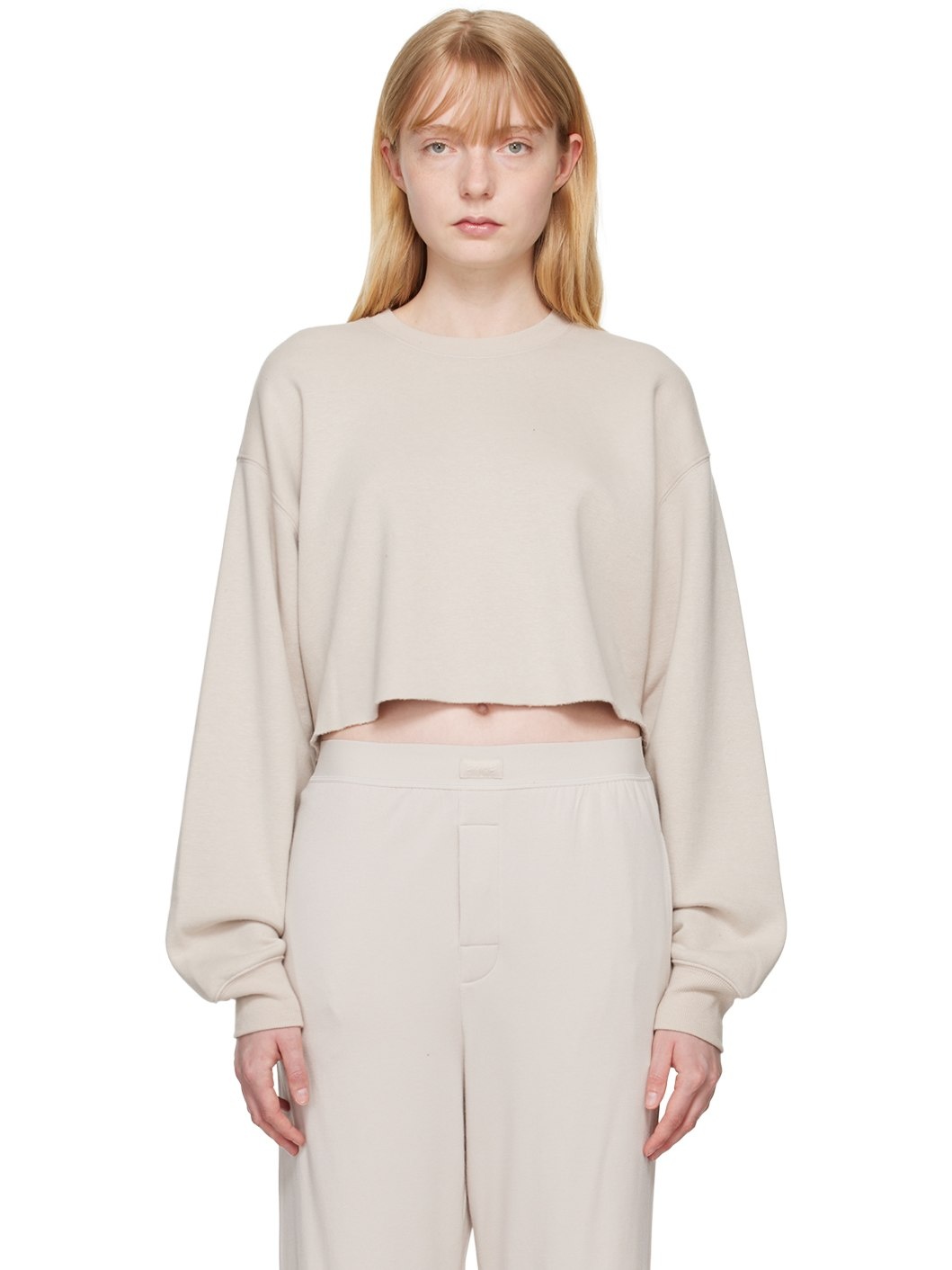 Taupe Cotton Fleece Cropped Sweatshirt - 1