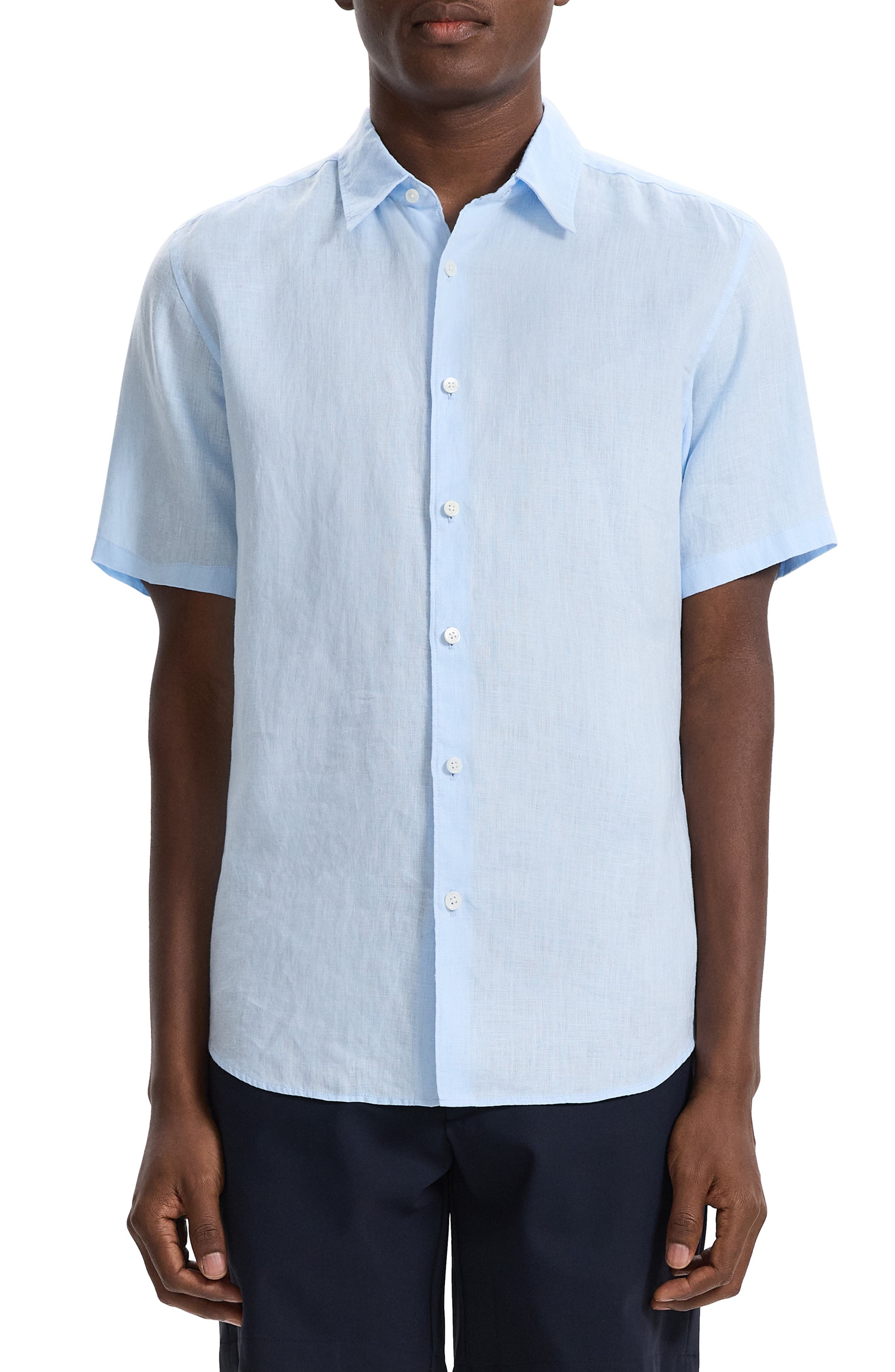 Theory Irving Solid Short Sleeve Linen Button-Up Shirt in Skylight at Nordstrom - 1
