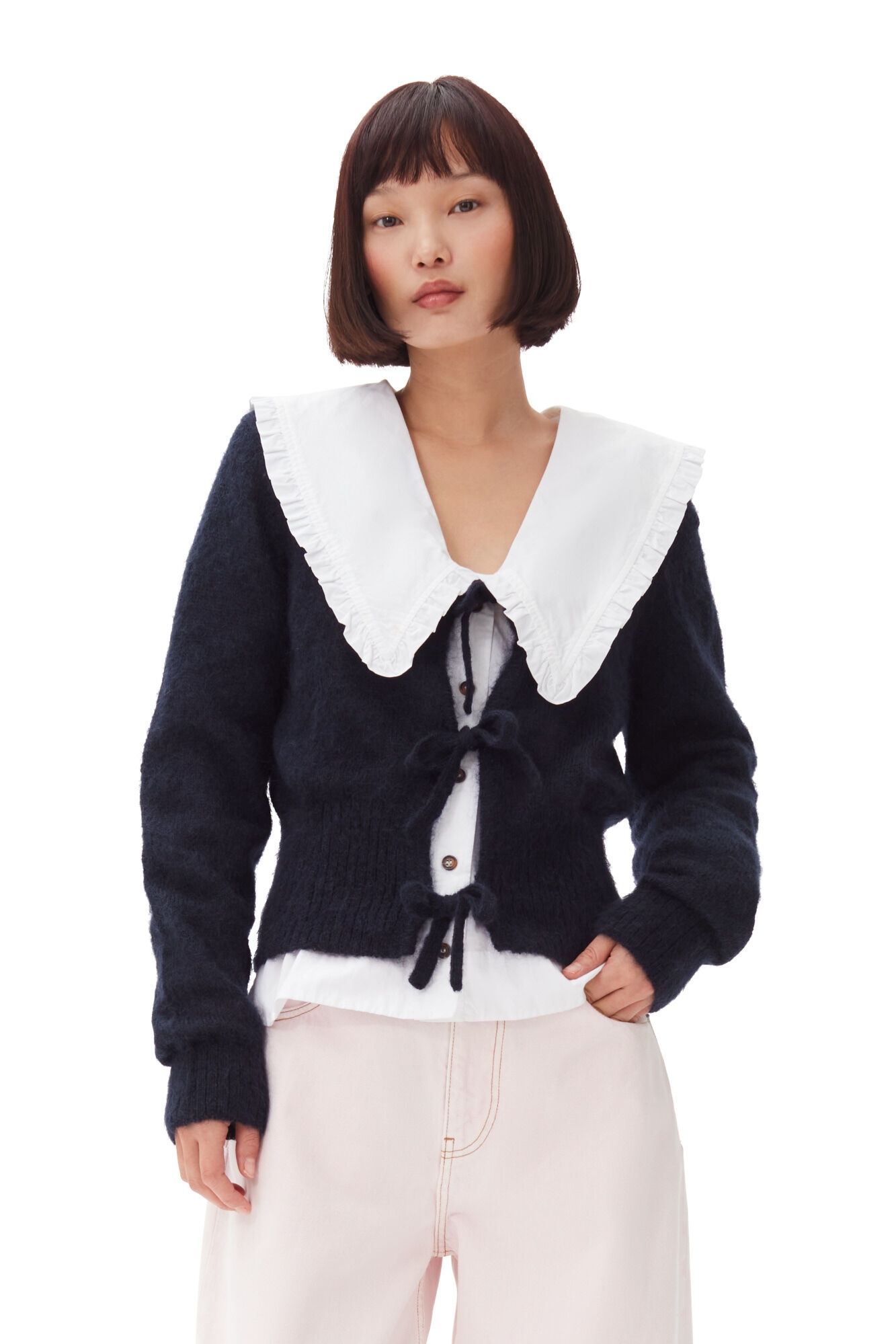 NAVY BLUE TIE STRING CARDIGAN - 2