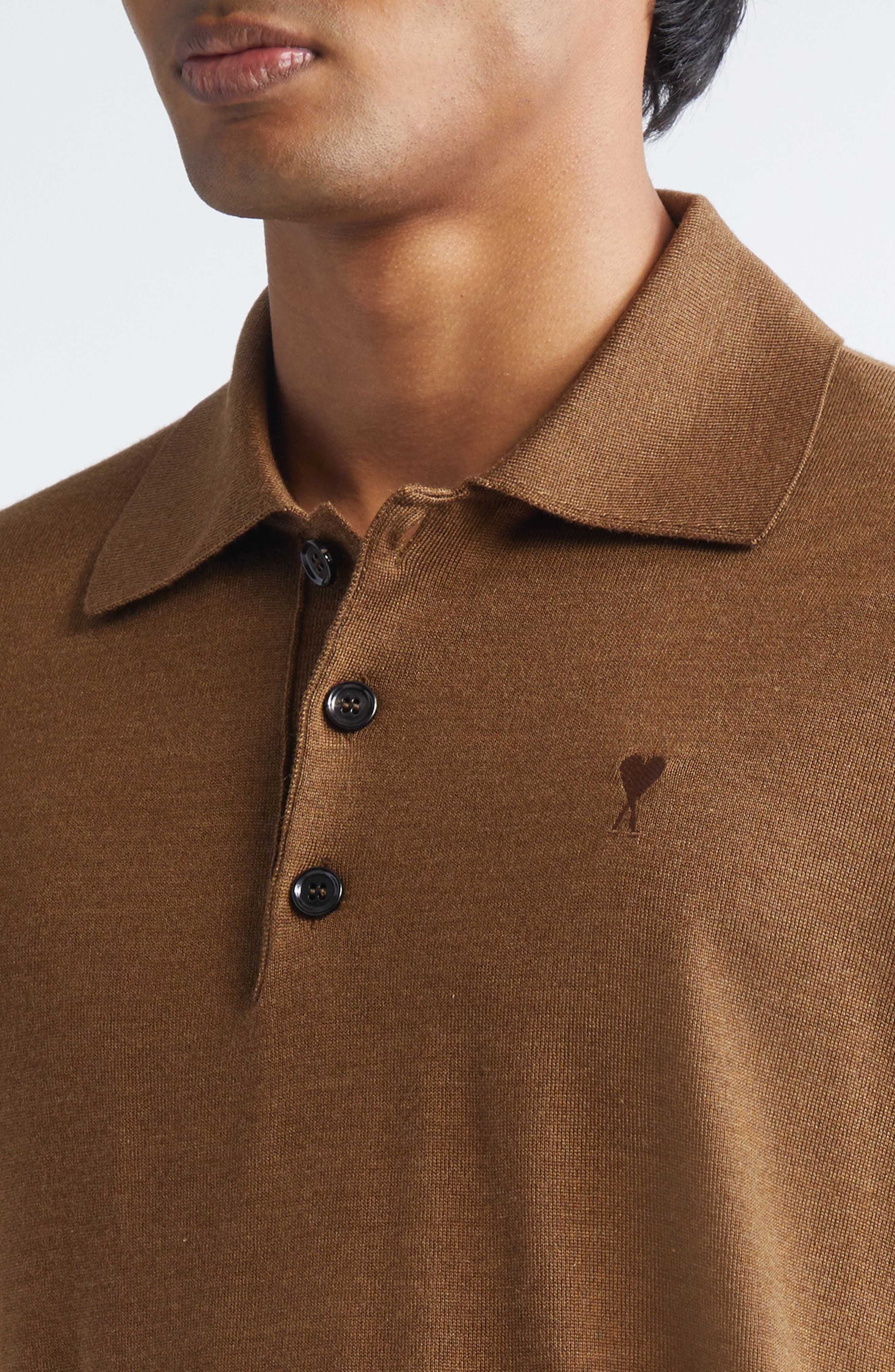 AMI PARIS Ami de Coeur Wool & Silk Polo Sweater in Hazelnut at Nordstrom - 4