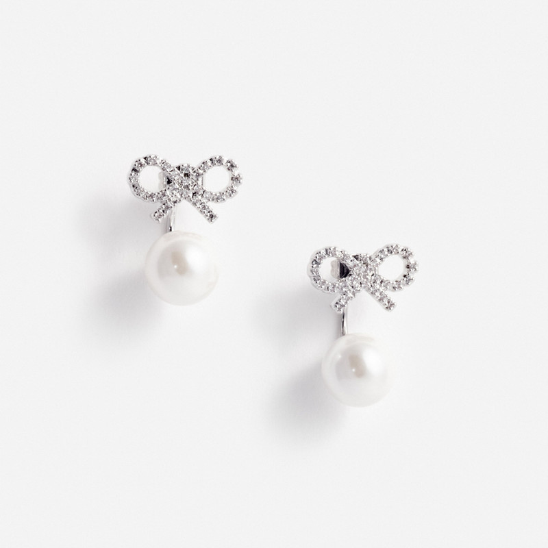 Crystal Bow Pearl Jacket Earrings 1