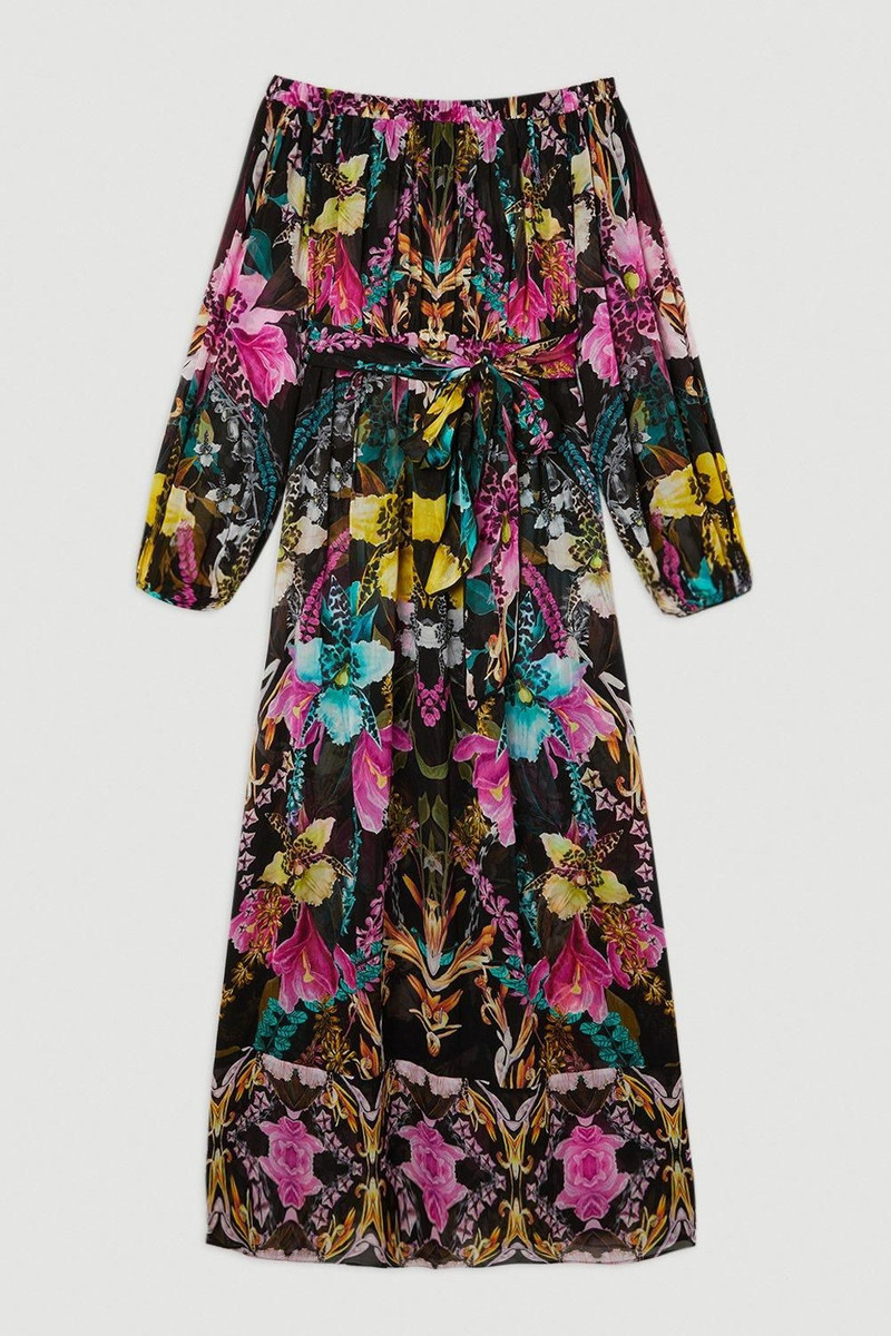 Mirrored Tropical Viscose Georgette Bardot Beach Maxi Dress 4