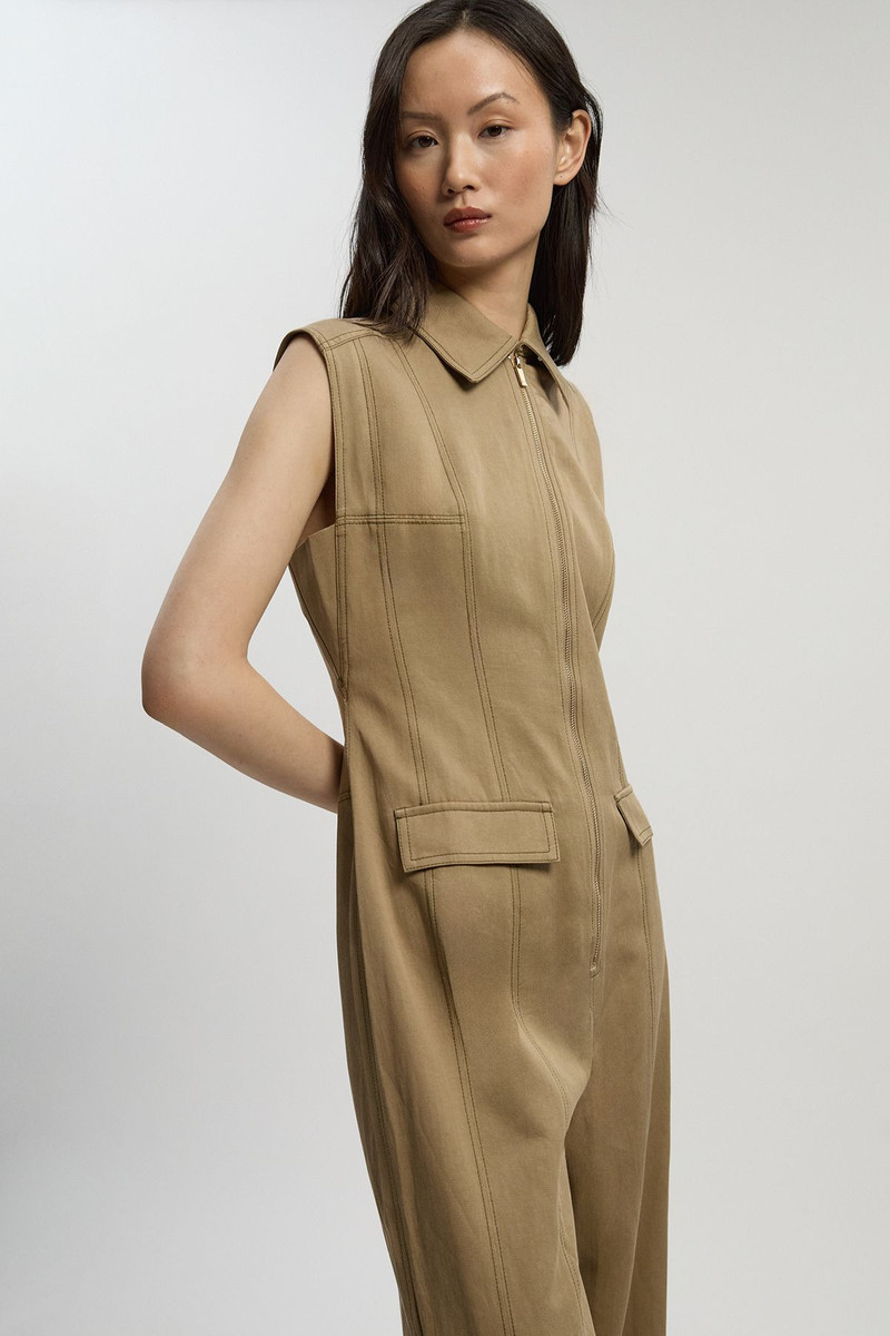 KAREN MILLEN Tencel Cotton Contrast Stitch Zip Front Woven Jumpsuit outlook