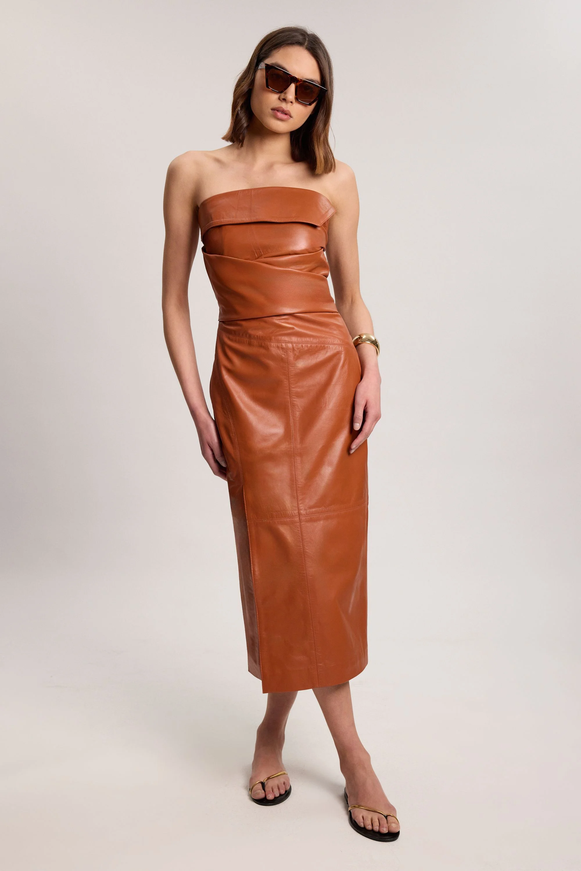 Leather Ruched Midi Dress - 1