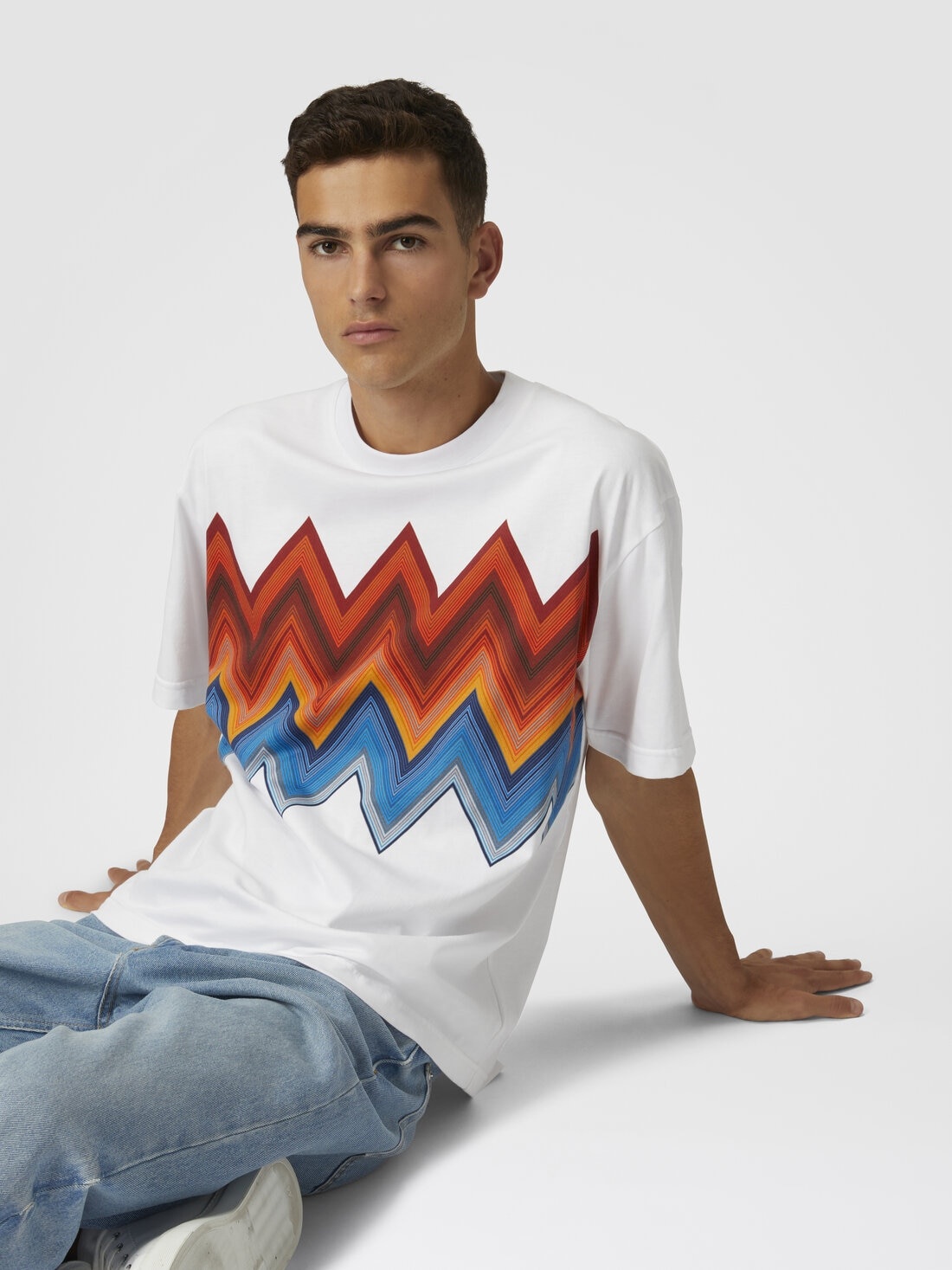 Cotton crewneck T-shirt with macro zigzag print - 4