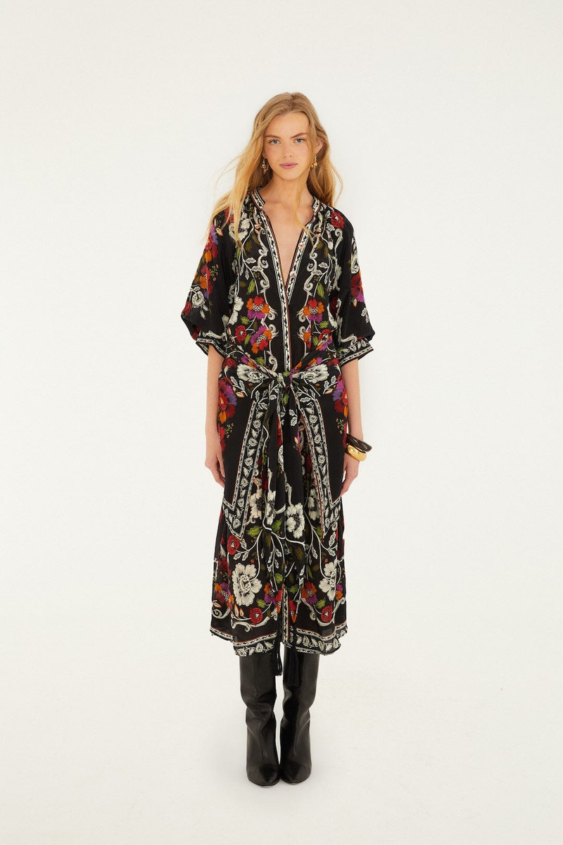 Black Rococo Flowers Belted Midi Dress 1