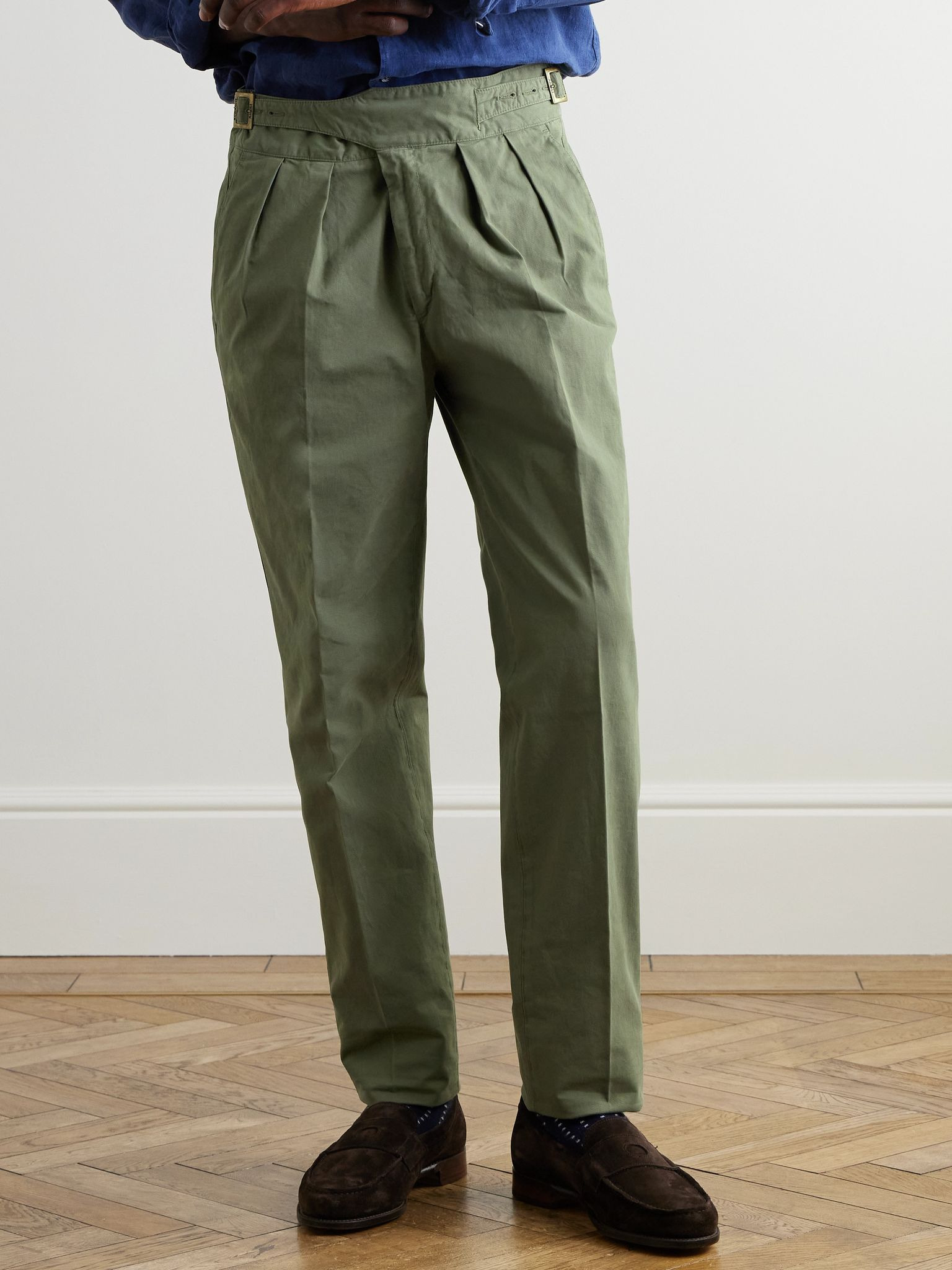 Manny Straight-Leg Pleated Cotton-Twill Trousers Green - 3