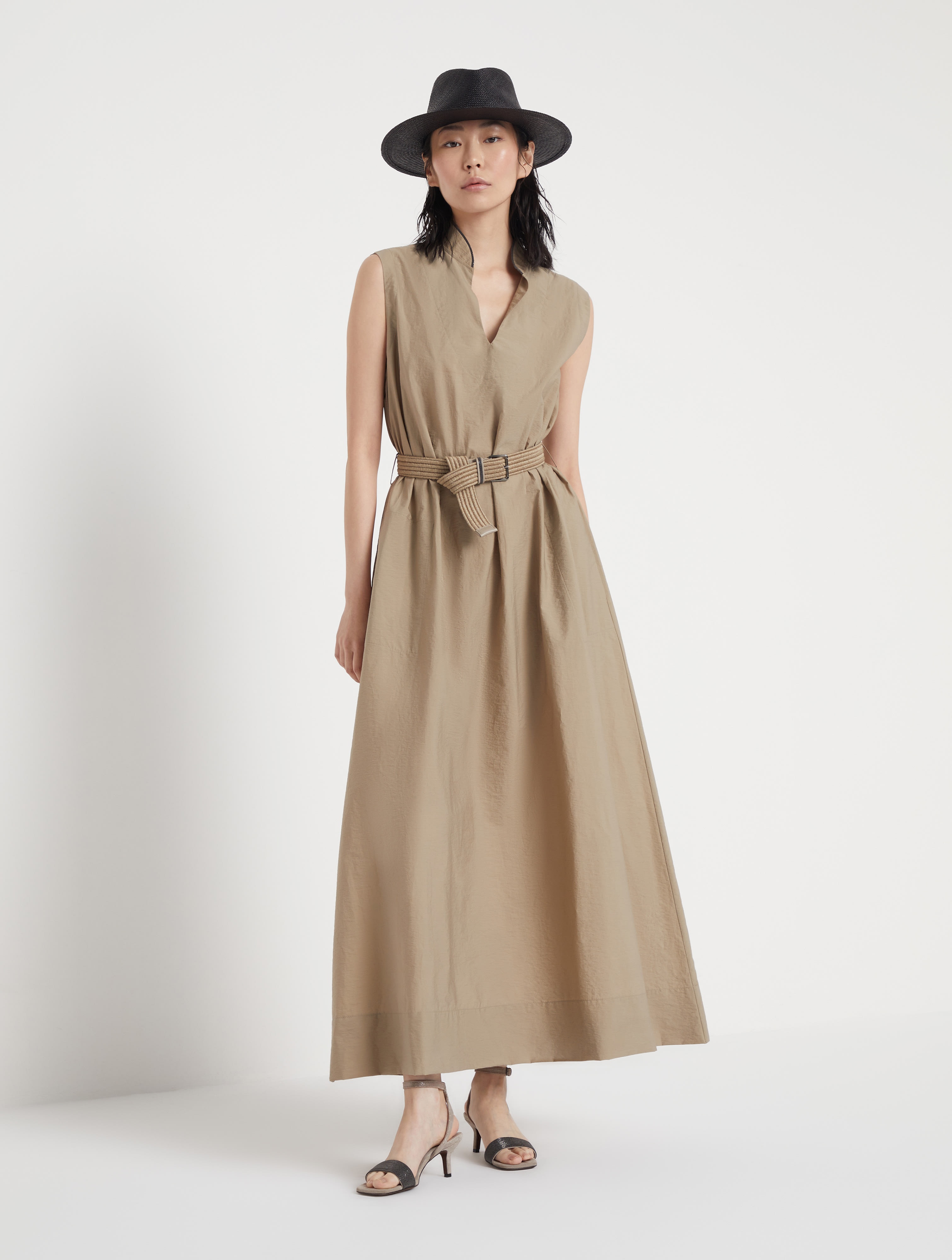 Techno cotton poplin dress with raffia belt and shiny trim - 5